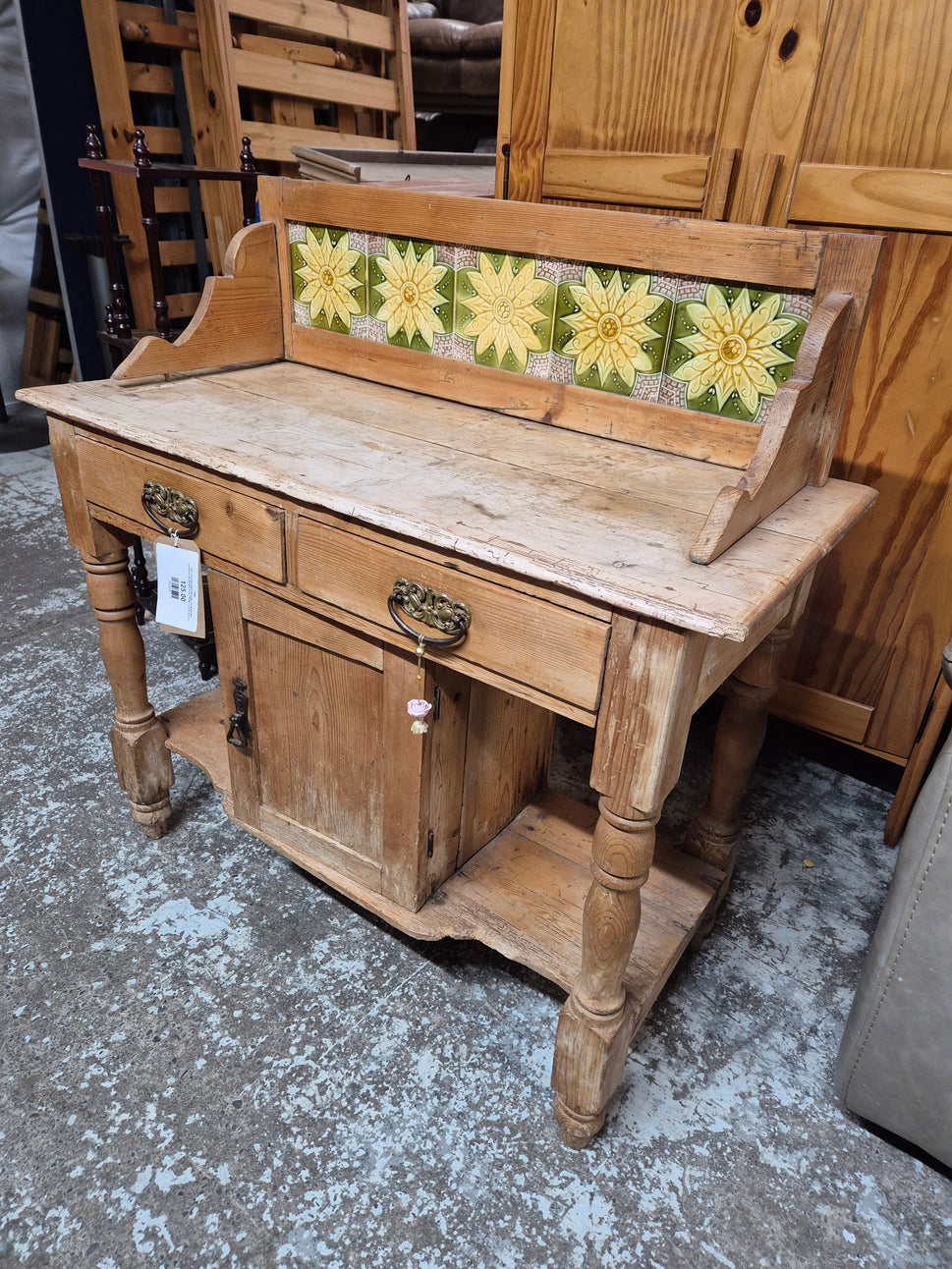 Pitch pine wash stand with green and yellow tiled splashback and drawers H 970 x W 960 x  D 420 mm 2125