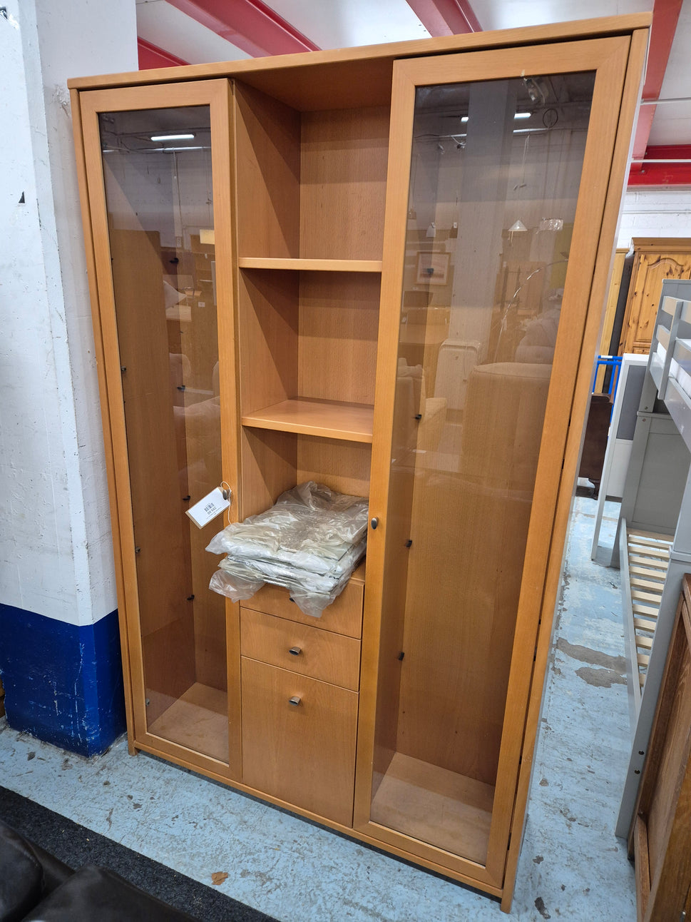 Tall solid beech glass display unit%A0 2125
