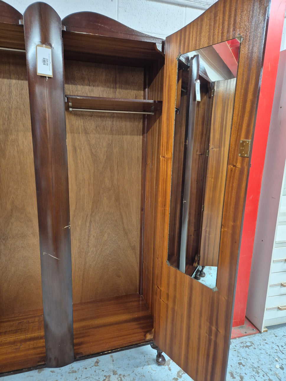 Tall mahogany stained bow fronted 2 door wardrobe 