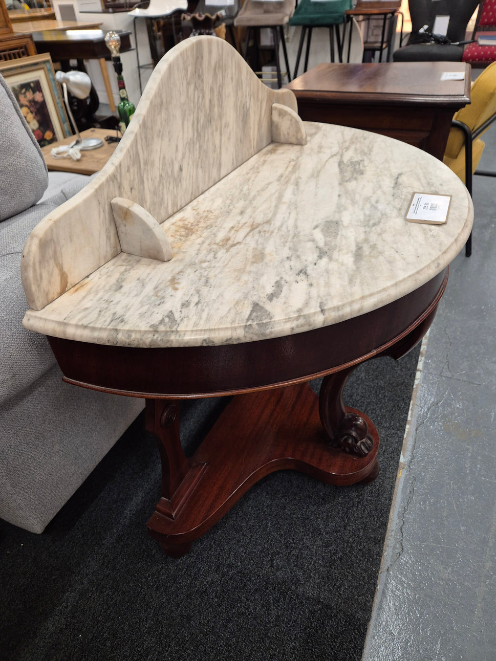 Ornate white marble half moon console table with upstand with mahogany base H 970 x W 620 x D 430 mm 2125