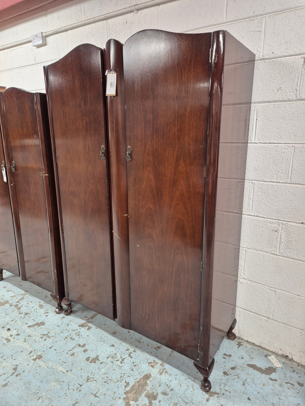 Tall mahogany stained bow fronted 2 door wardrobe 