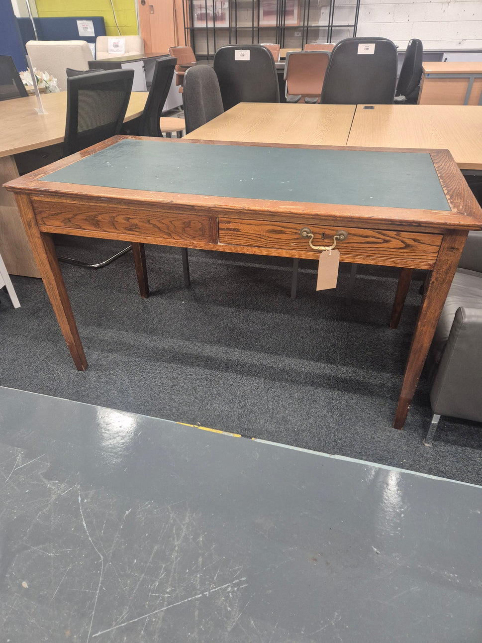 Oak stained partners desk with green leather top and drawers  H 780 x W 1350 x D 750 mm 2125