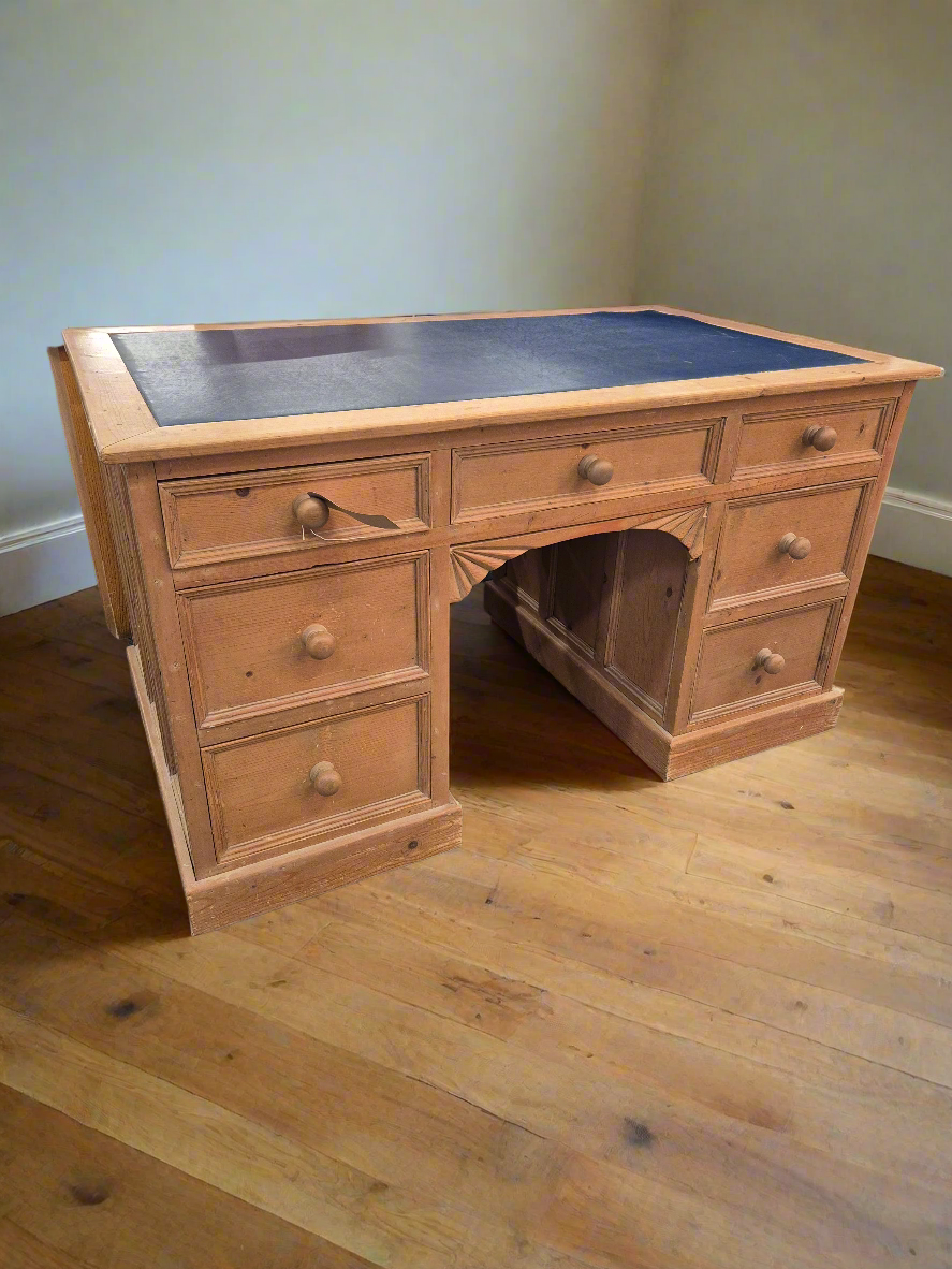 Natural pitch pine, navy leather top partners desk with double sided drawers H 780 x W 1380 x D 820 mm 2125