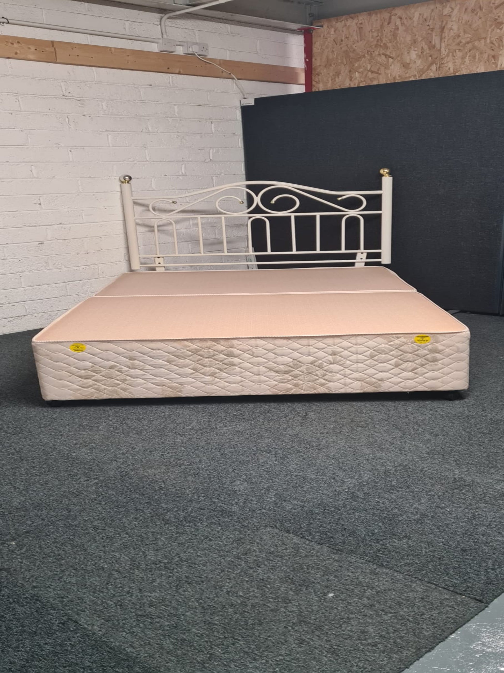 4ft6 Cream  fabric floral pattern divan base with cream high back metal headboard  1225