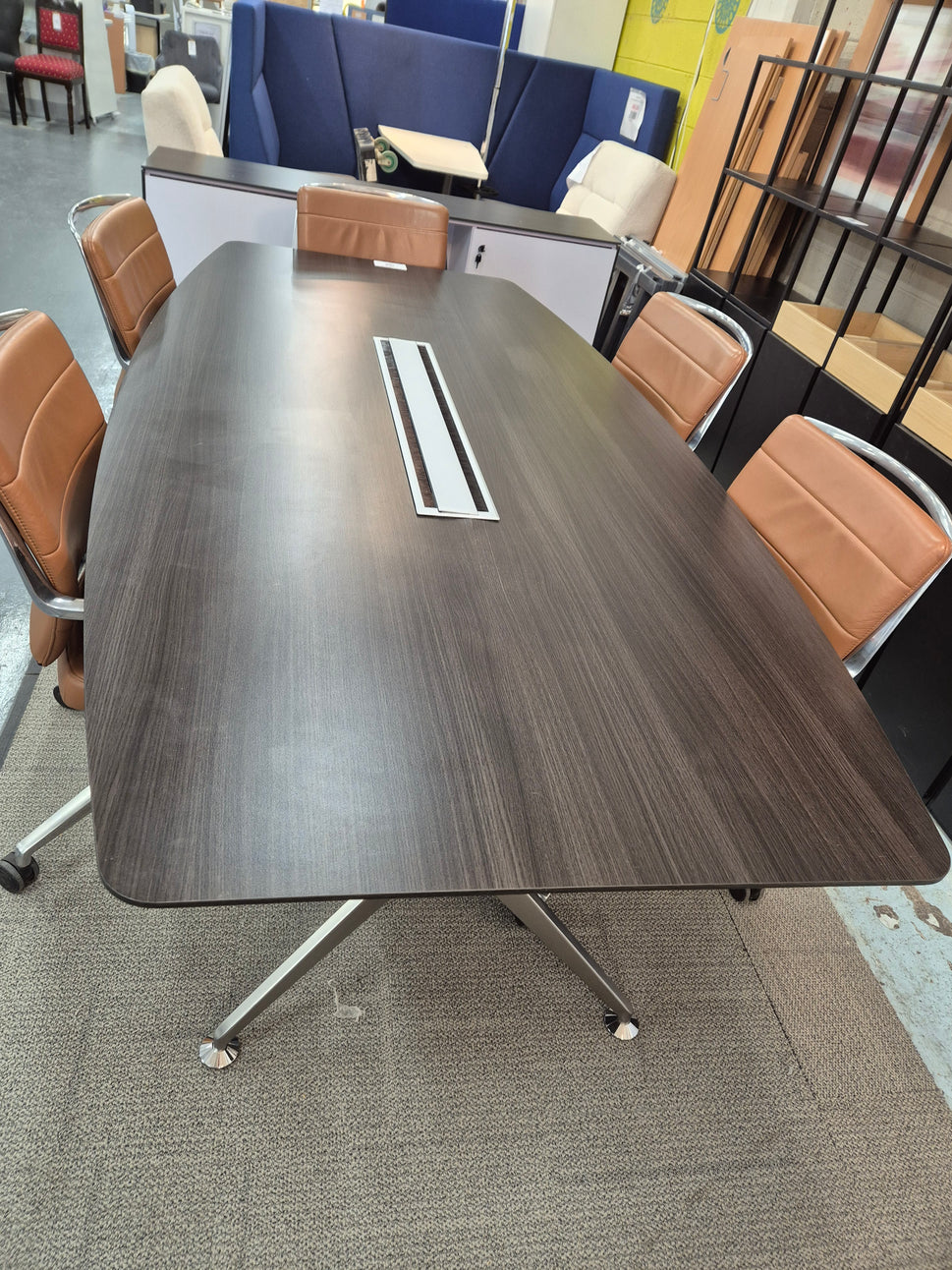 Wenge laminate barrell boardroom table with polished metal central base 2400Lx1200W*740H