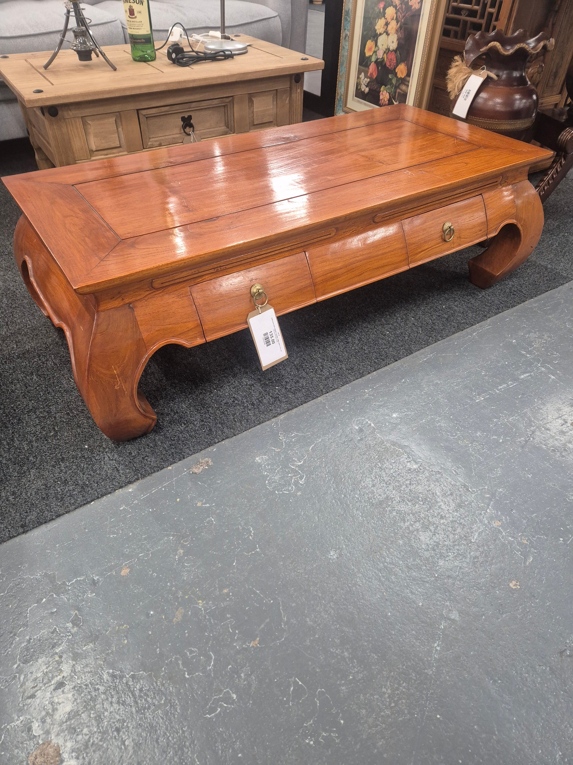 Solid wood dark stained 3 drawer coffee table H 370 x W 116 x D 570 mm  2125