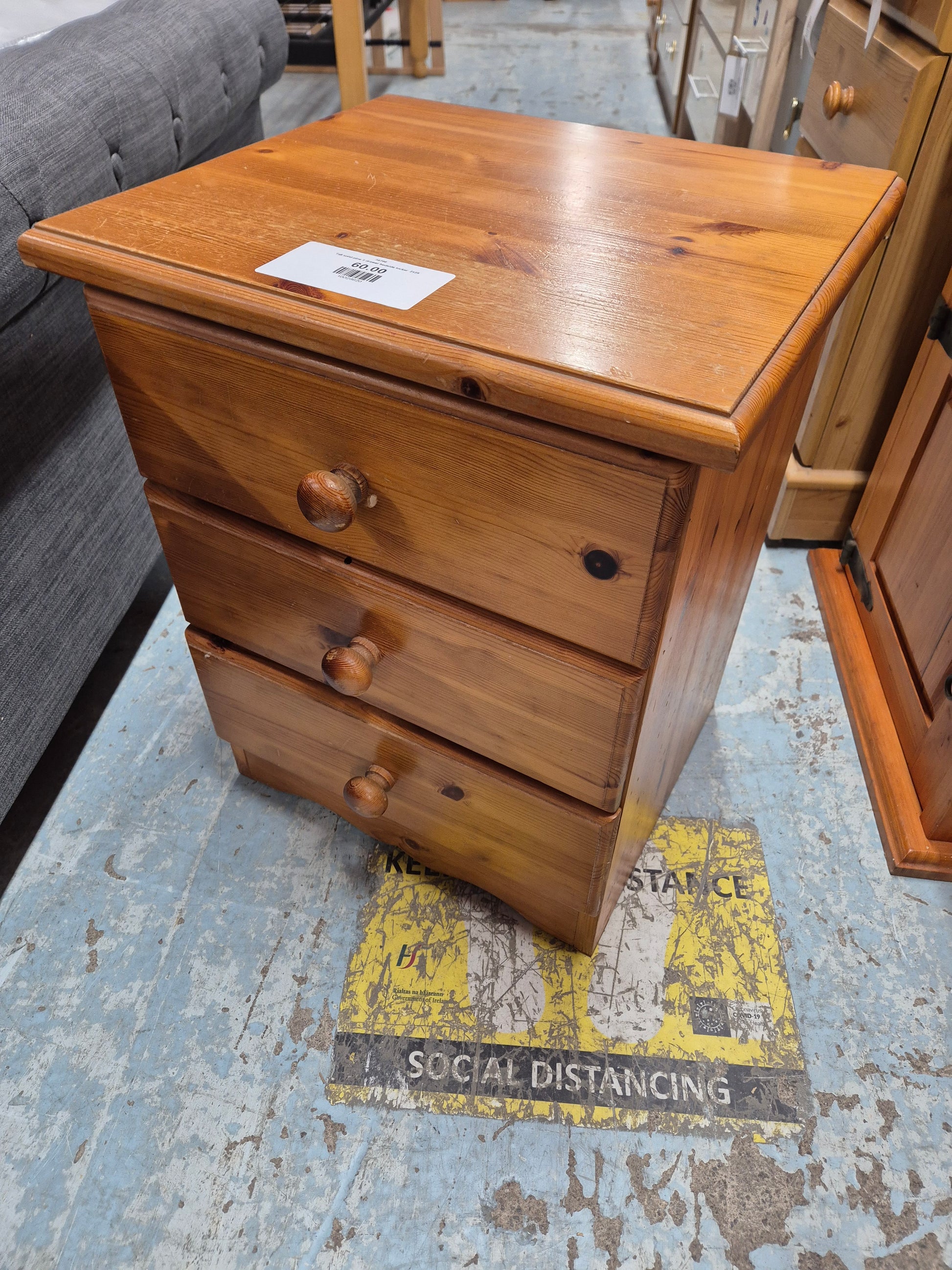 Tall solid pine 3 drawer bedside locker  2125