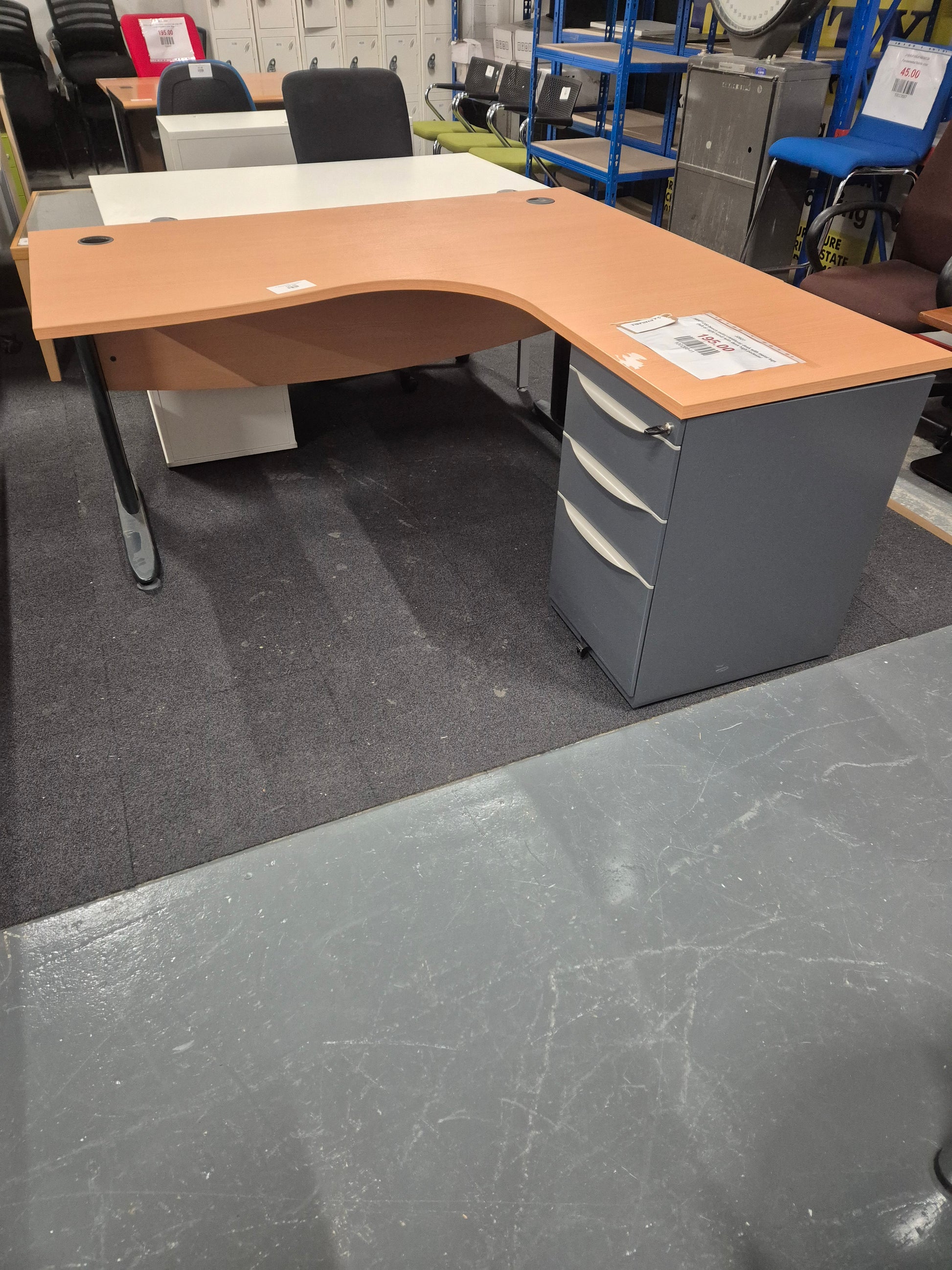 1600*1200 beech radial cantilever desk with metal legs (left or right hand) with desk high pedestal