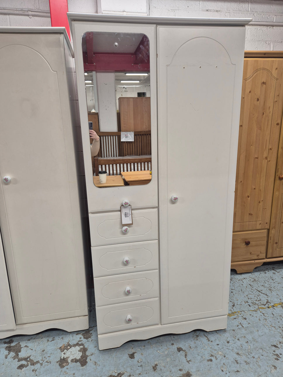 White laminate 2 door 4 drawer wardrobe with central mirror 2125