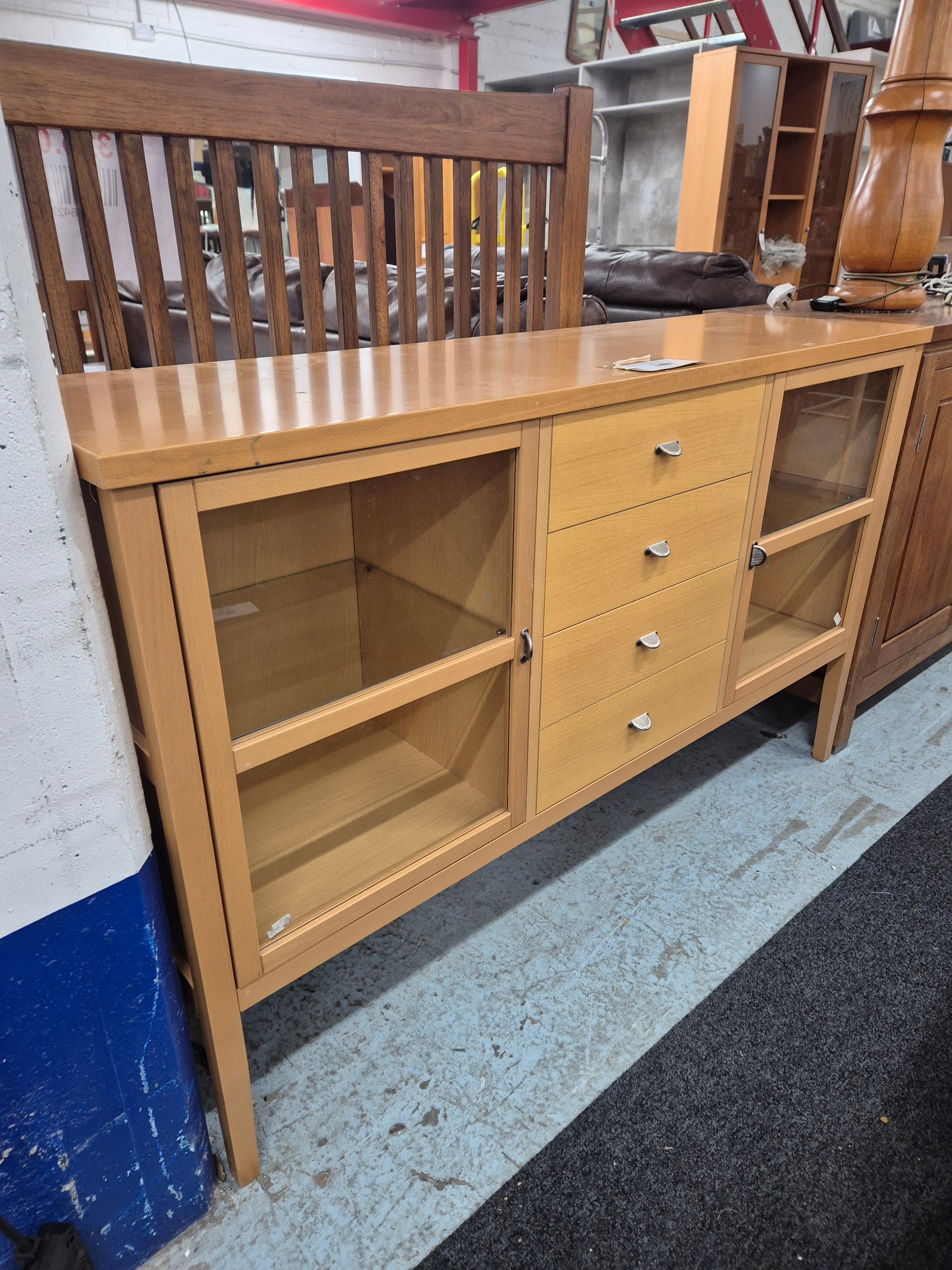 Solid beech 2 glass door 4 drawer long sideboard H 850 x W 1370 x D 430 mm Q4323