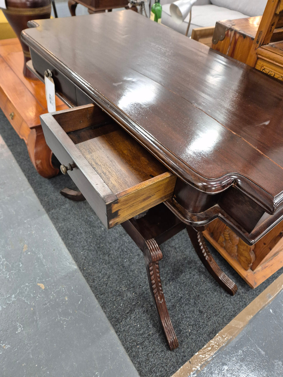 Ornate mahogany central leg 2 drawer console table H 890 x W 900 x D 400 mm   2125