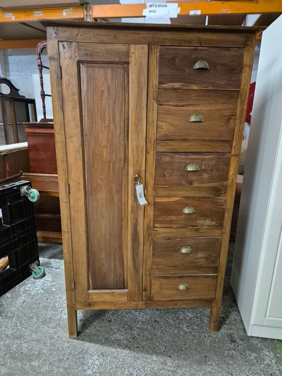 Tall solid teak stained 6 drawer 1 door wardrobe H 1700 x W 990 x D 550 mm 2125