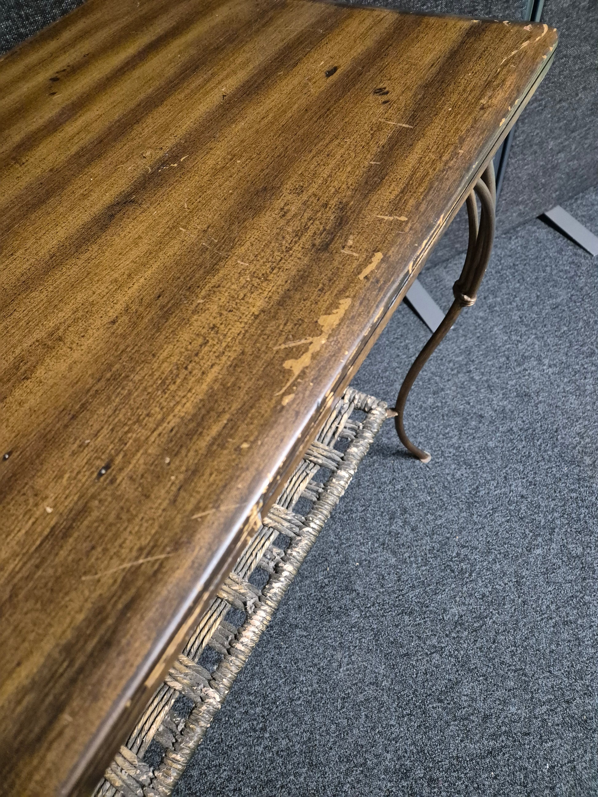 Large stained wood laminate and rattan console table ( H780 x W 1300 x D 520 mm) 3125