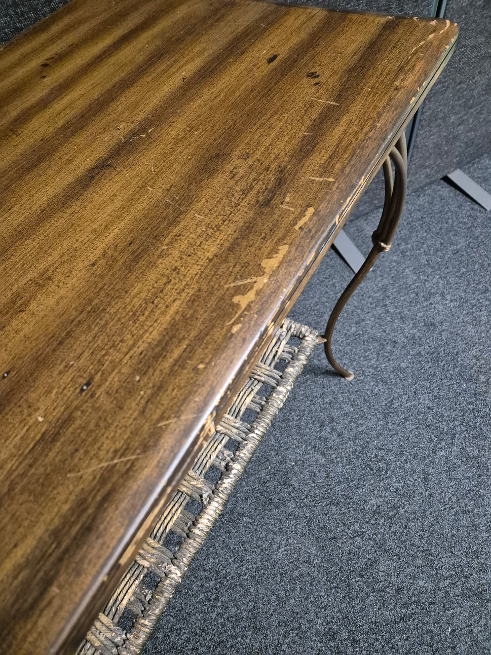 Large stained wood laminate and rattan console table ( H780 x W 1300 x D 520 mm) 3125