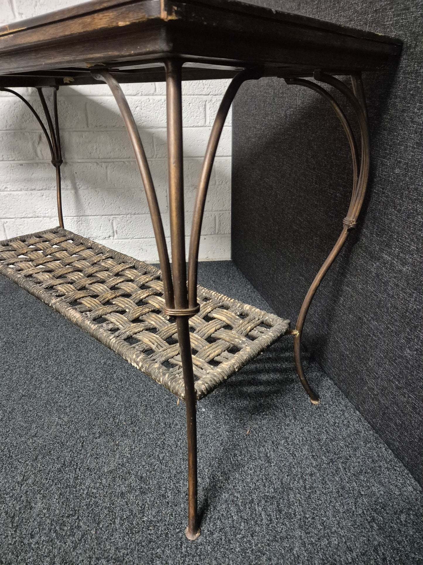 Large stained wood laminate and rattan console table ( H780 x W 1300 x D 520 mm) 3125
