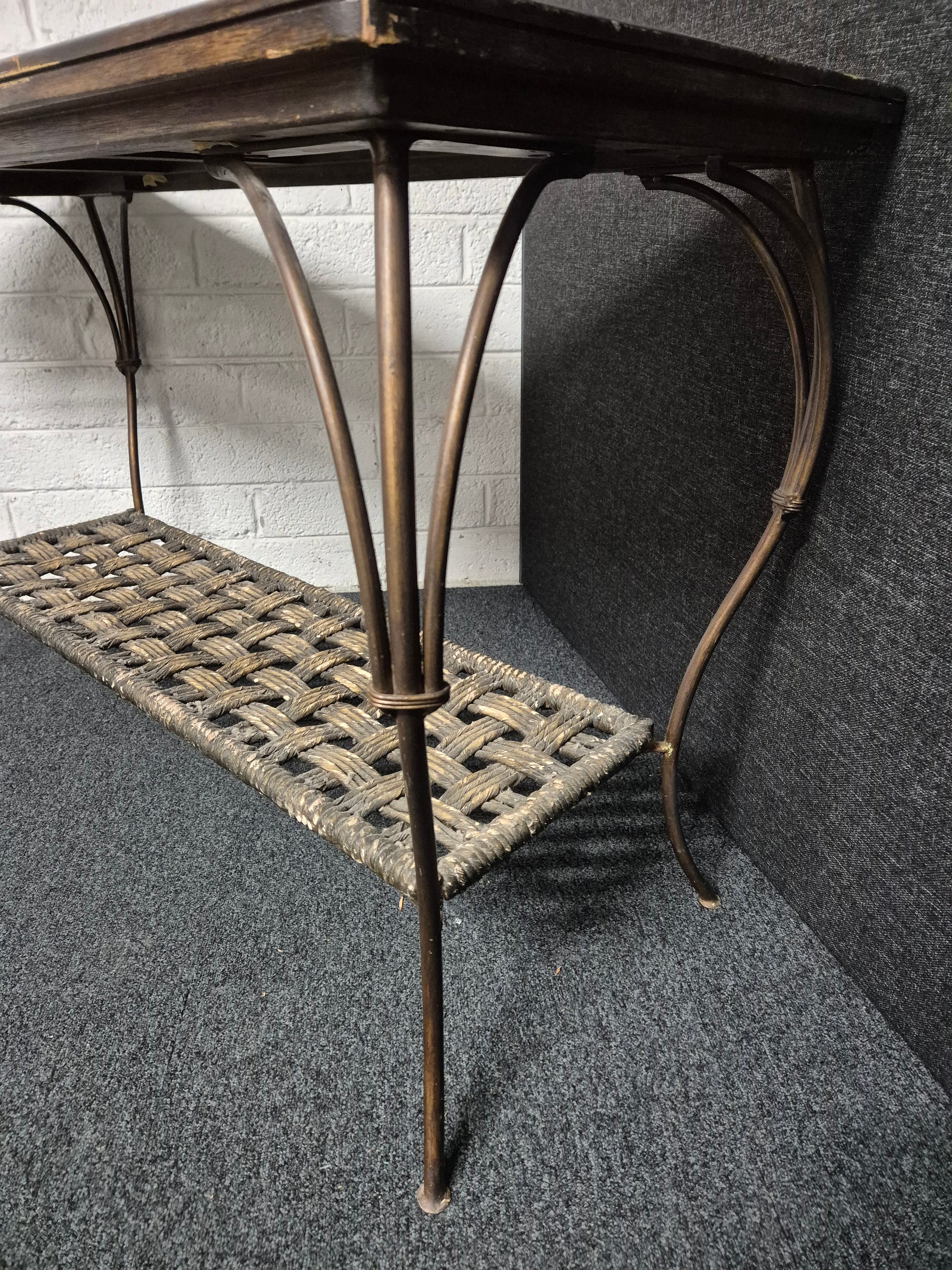 Large stained wood laminate and rattan console table ( H780 x W 1300 x D 520 mm) 3125