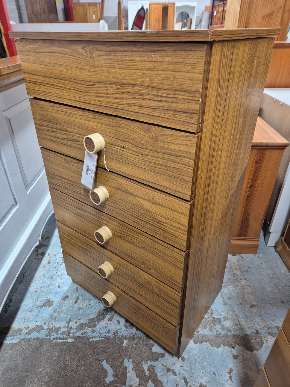 Teak laminate tall 5 drawer chest H 1000 x W 600 x D 420 mm 3125