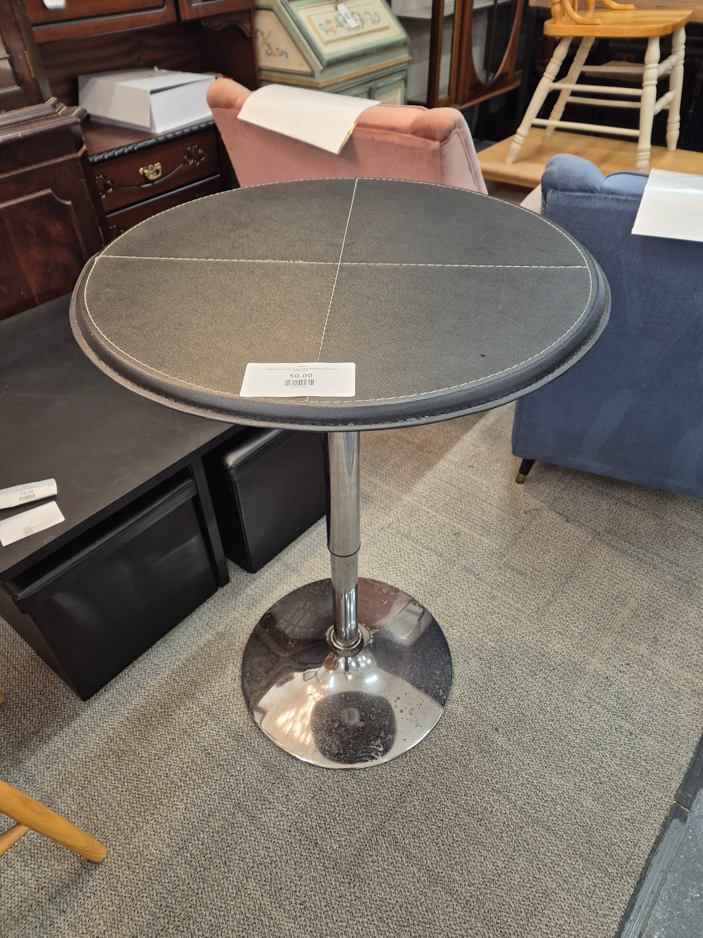 Leather top circular height adjustable table with metal base 4224