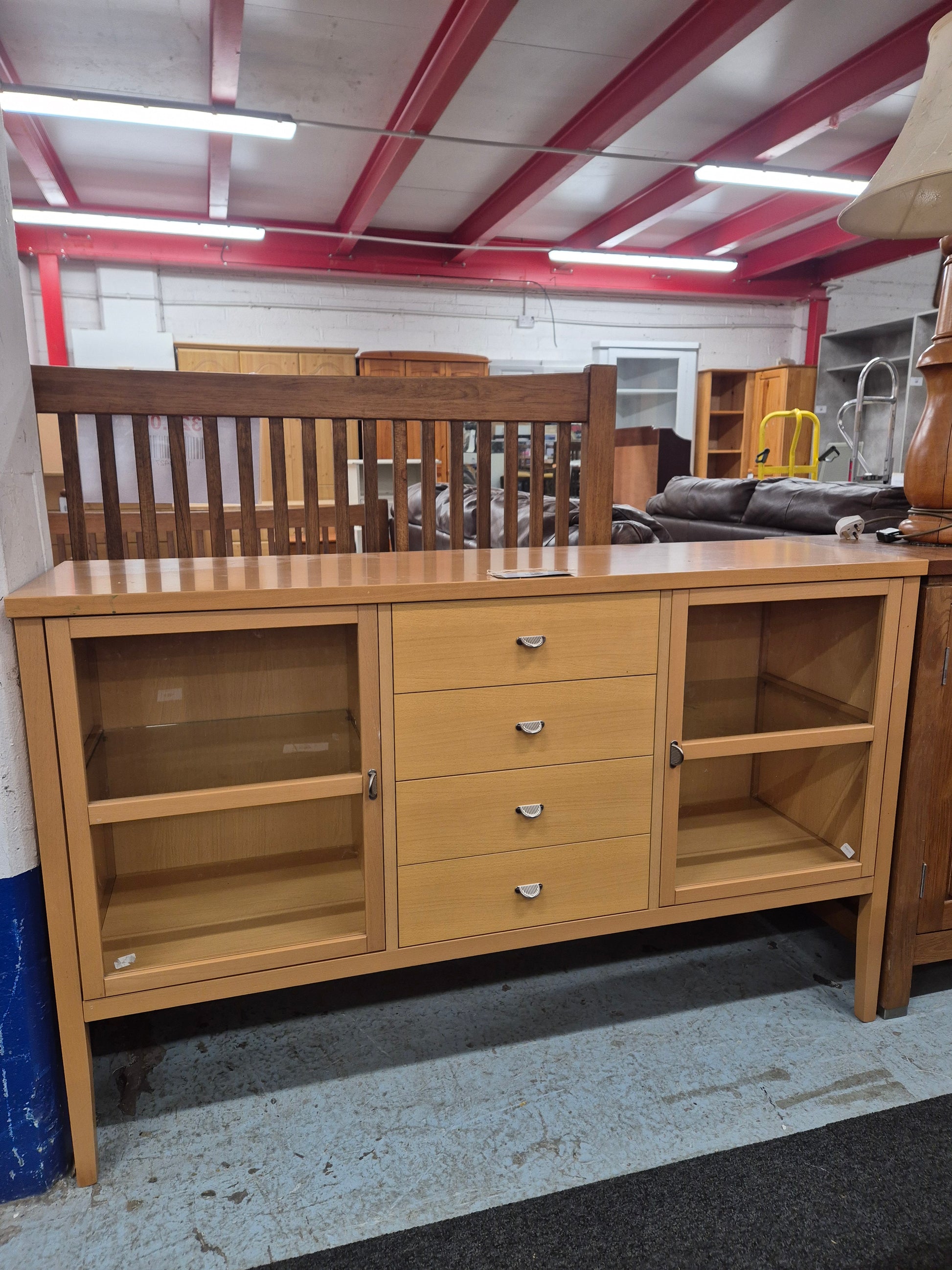 Solid beech 2 glass door 4 drawer long sideboard H 850 x W 1370 x D 430 mm Q4323