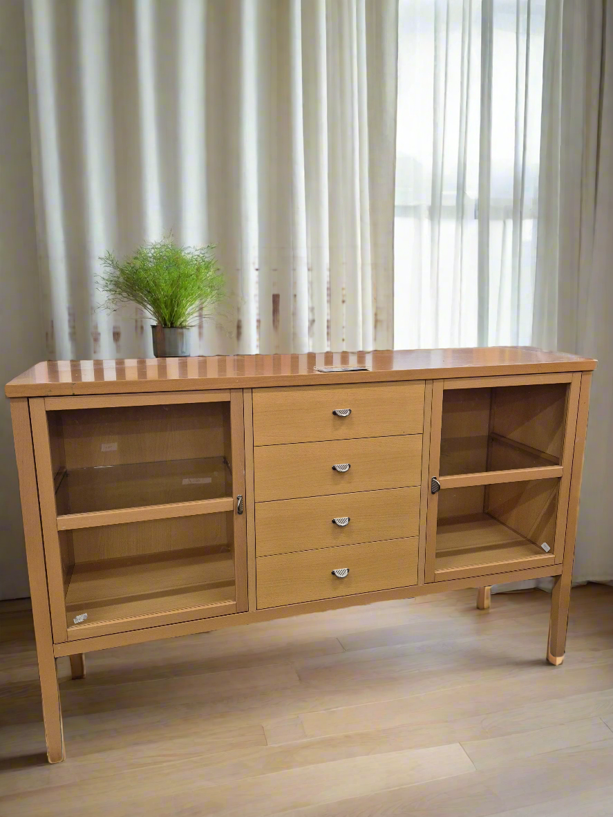 Solid beech 2 glass door 4 drawer long sideboard H 850 x W 1370 x D 430 mm Q4323