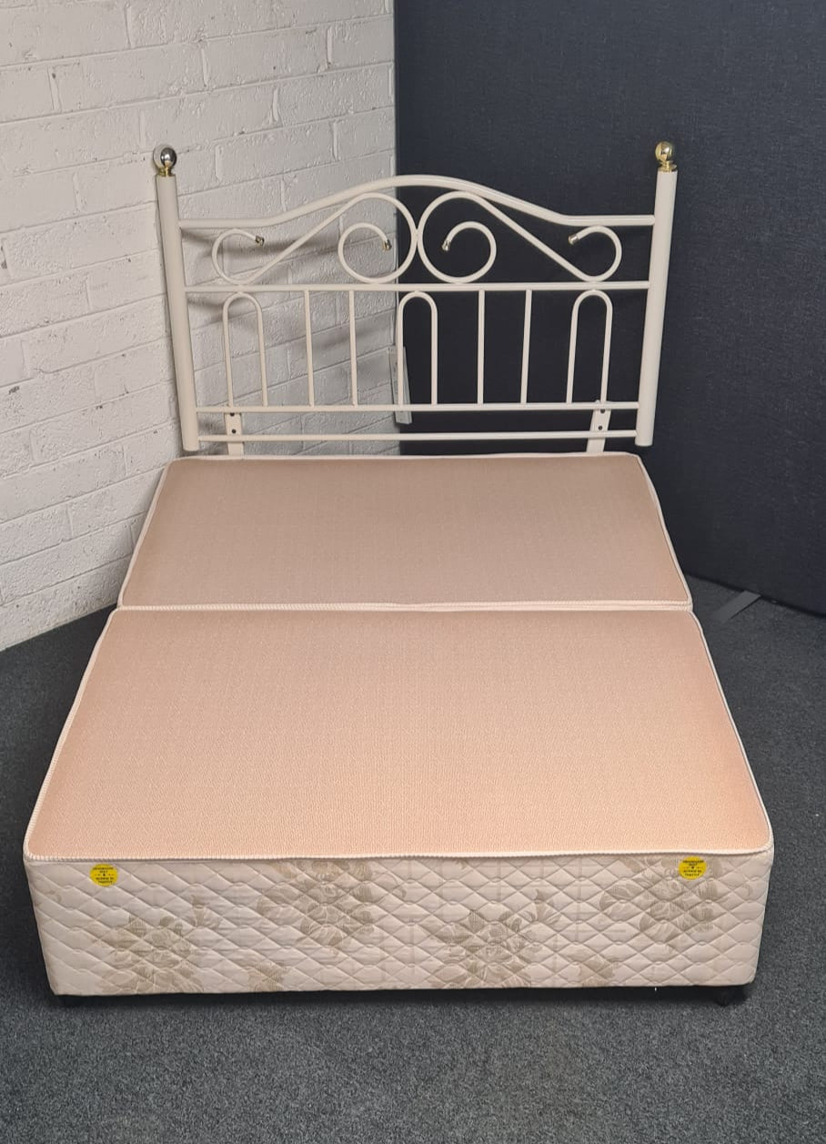 4ft6 Cream  fabric floral pattern divan base with cream high back metal headboard  1225