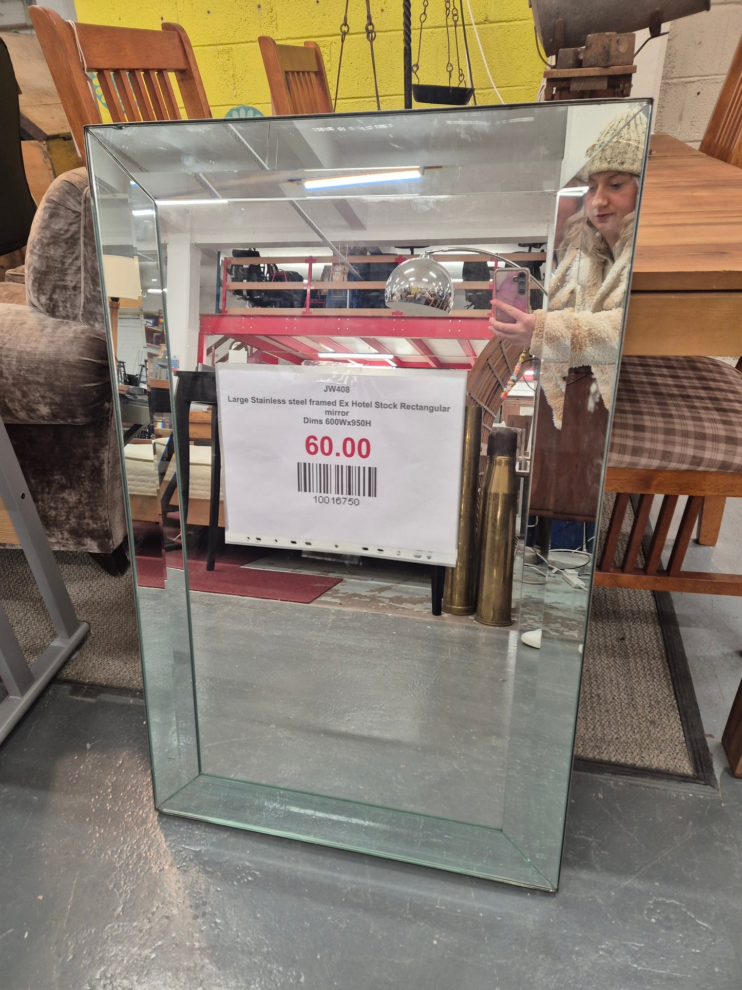 Large Stainless steel framed Ex Hotel Stock Rectangular mirror
Dims 600Wx950H
