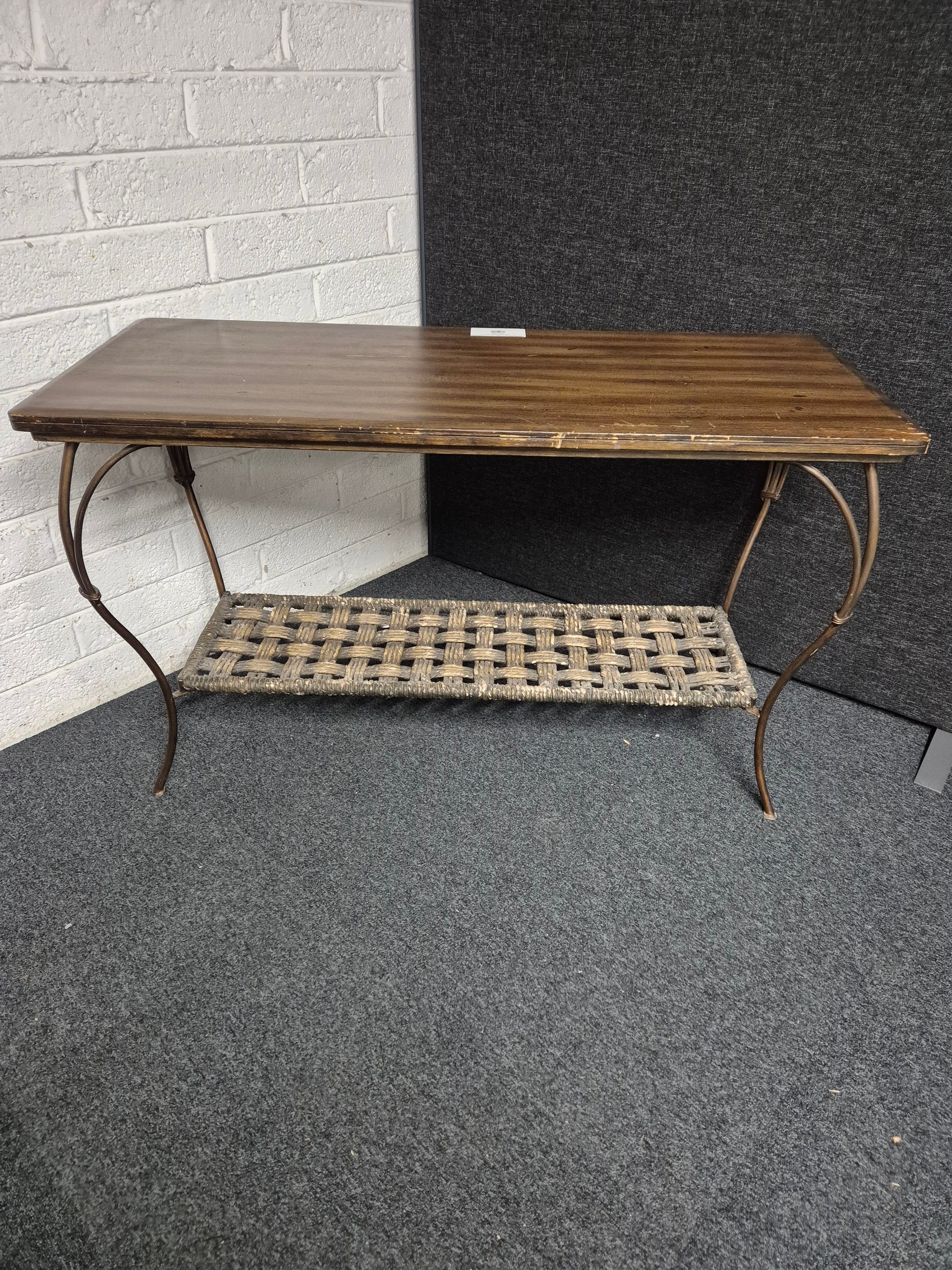 Large stained wood laminate and rattan console table ( H780 x W 1300 x D 520 mm) 3125