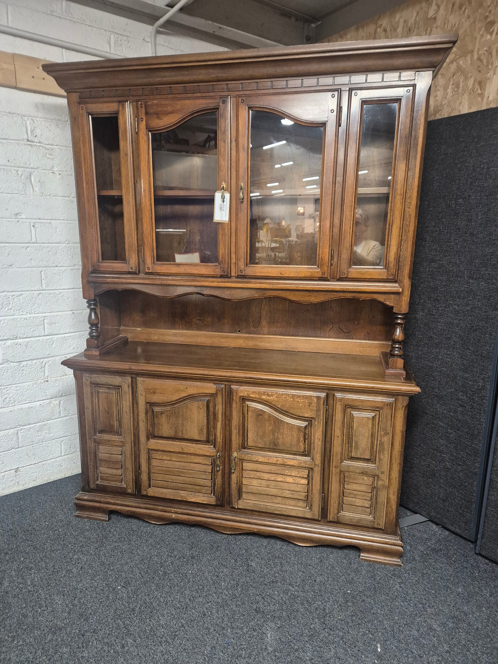 Solid wood dark stained 2 glass door kitchen dresser with base storage (H 2000 x W 1540 x D 430 mm) 1225