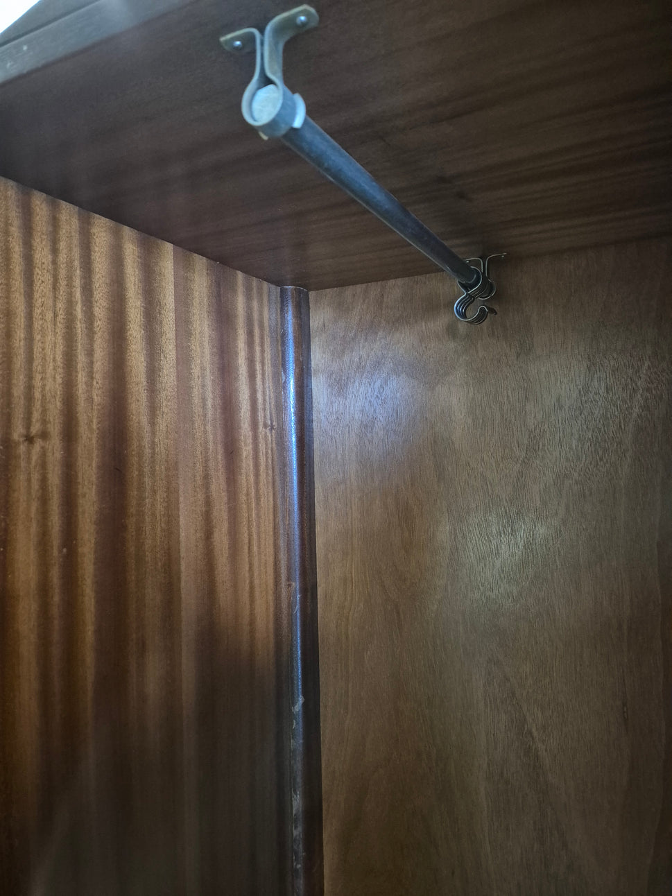 Tall mahogany stained 2 door gentlemans wardrobe with internal shelves