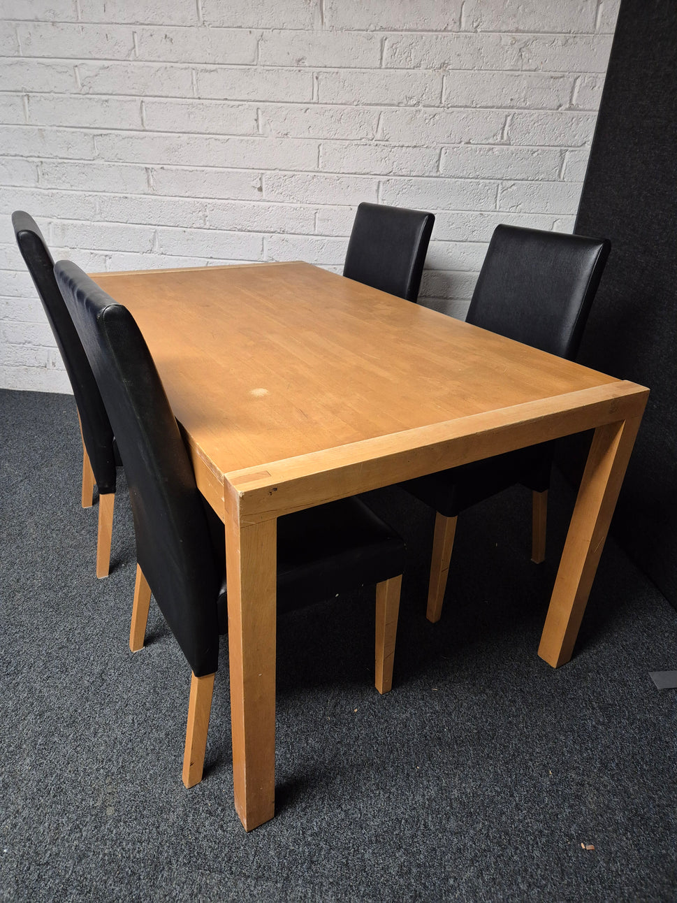 Solid Wood dining table (H 760 x W 1500 x D 900 mm) with 4 no. high back black leatherette dining chairs 3125