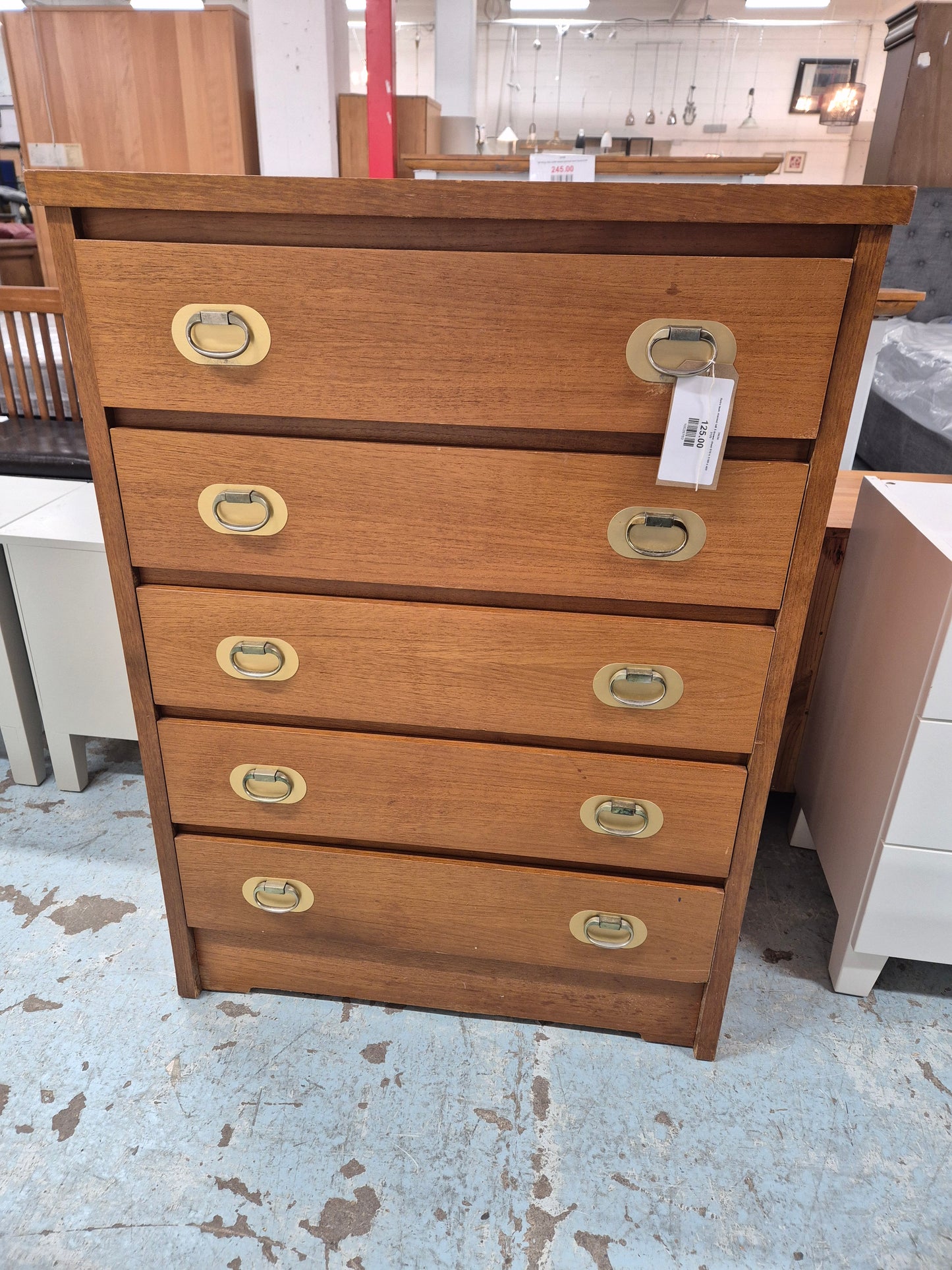 Retro teak stained tall 5 drawer chest 810 h 1100 d 400 2125