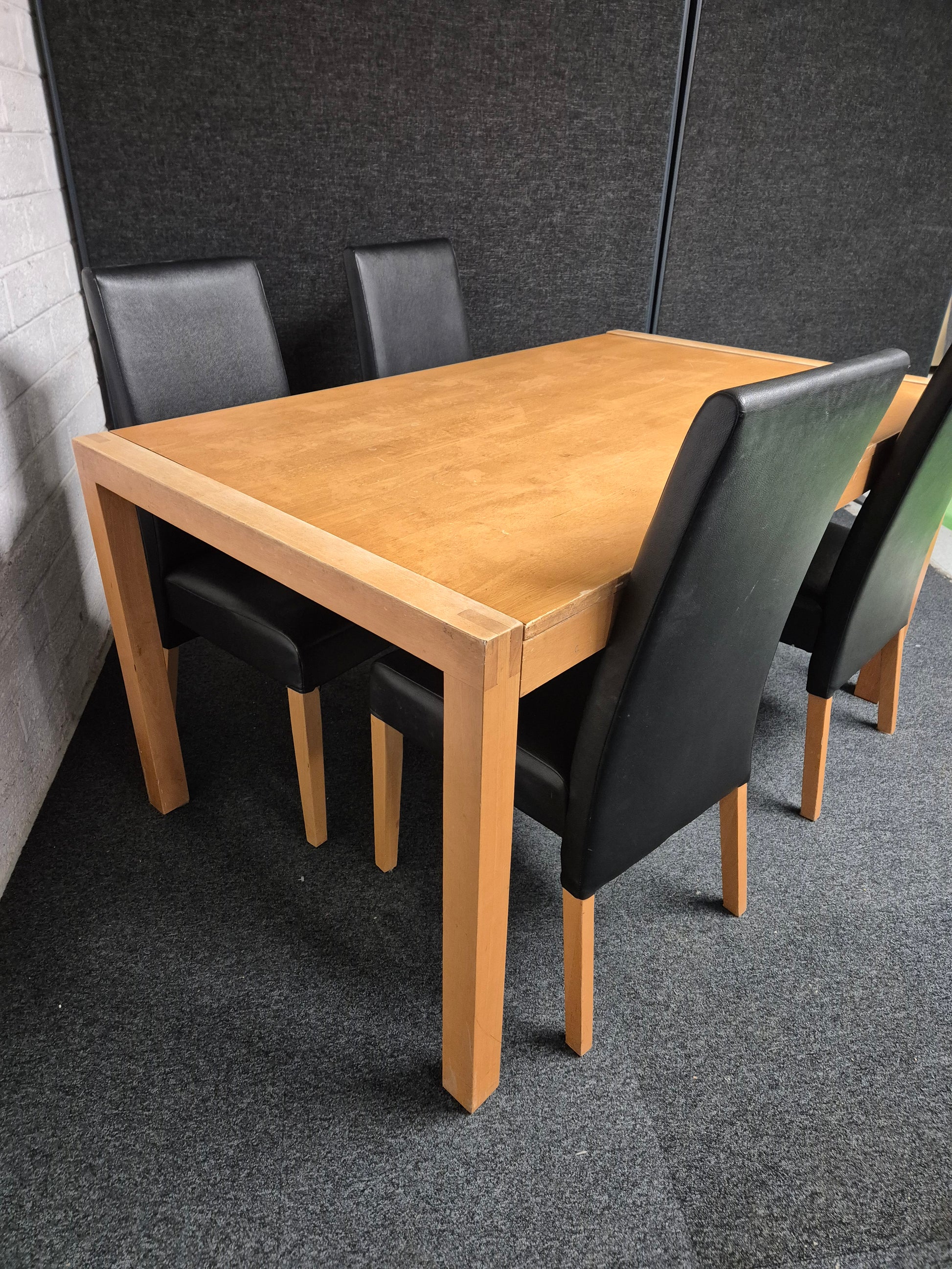 Solid Wood dining table (H 760 x W 1500 x D 900 mm) with 4 no. high back black leatherette dining chairs 3125
