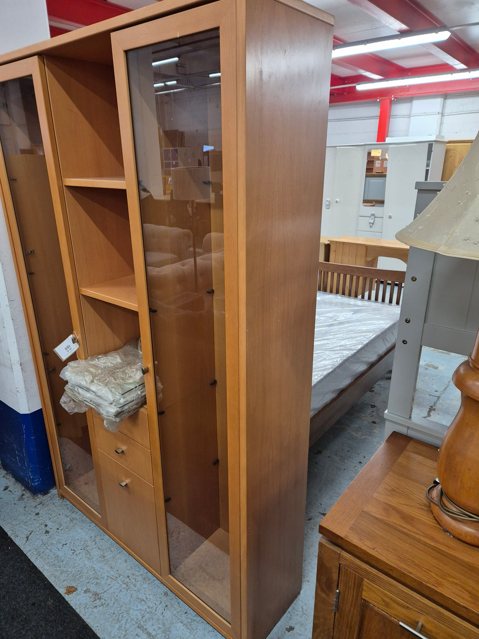 Tall solid beech glass display unit%A0 2125
