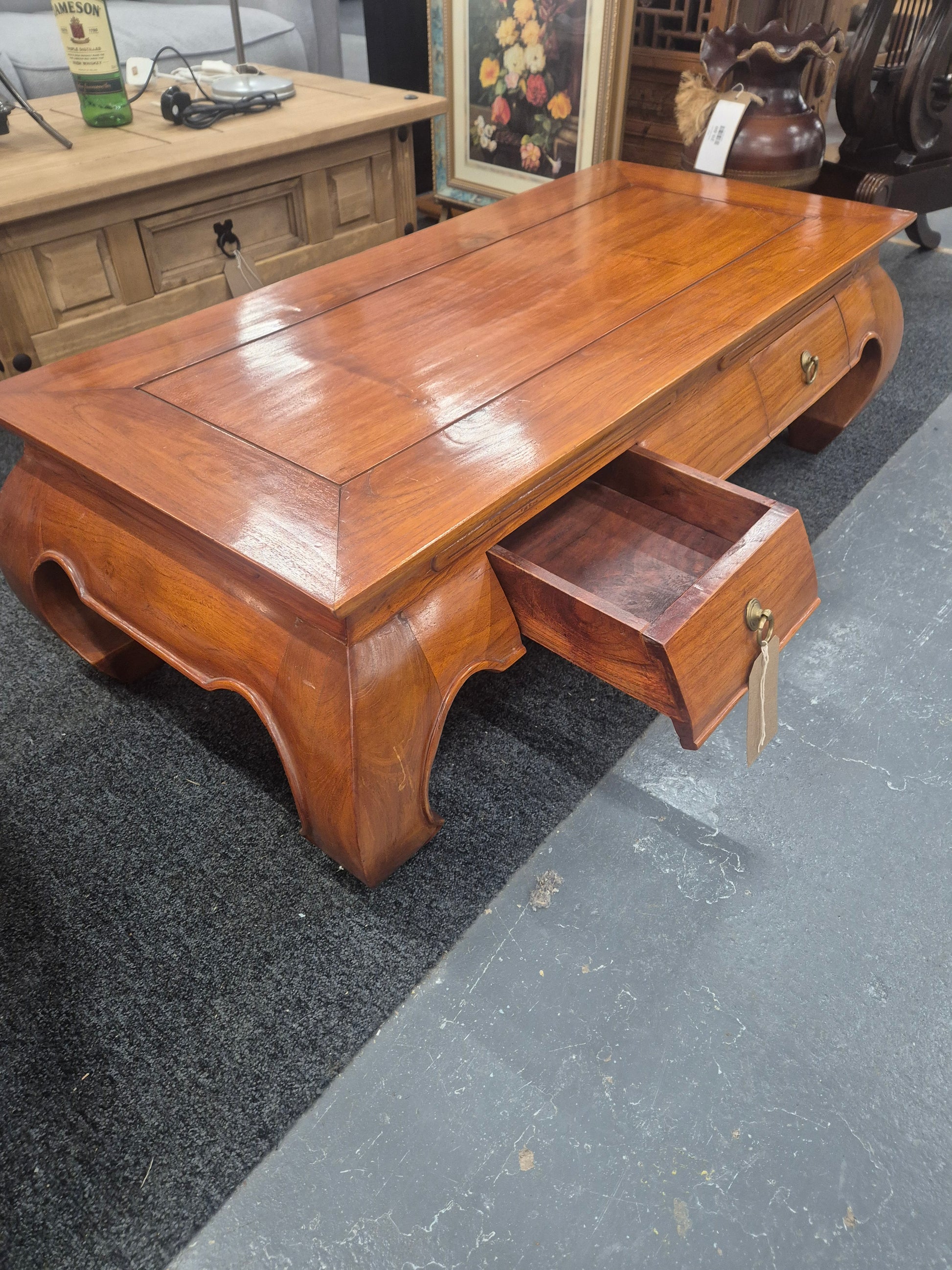 Solid wood dark stained 3 drawer coffee table H 370 x W 116 x D 570 mm  2125