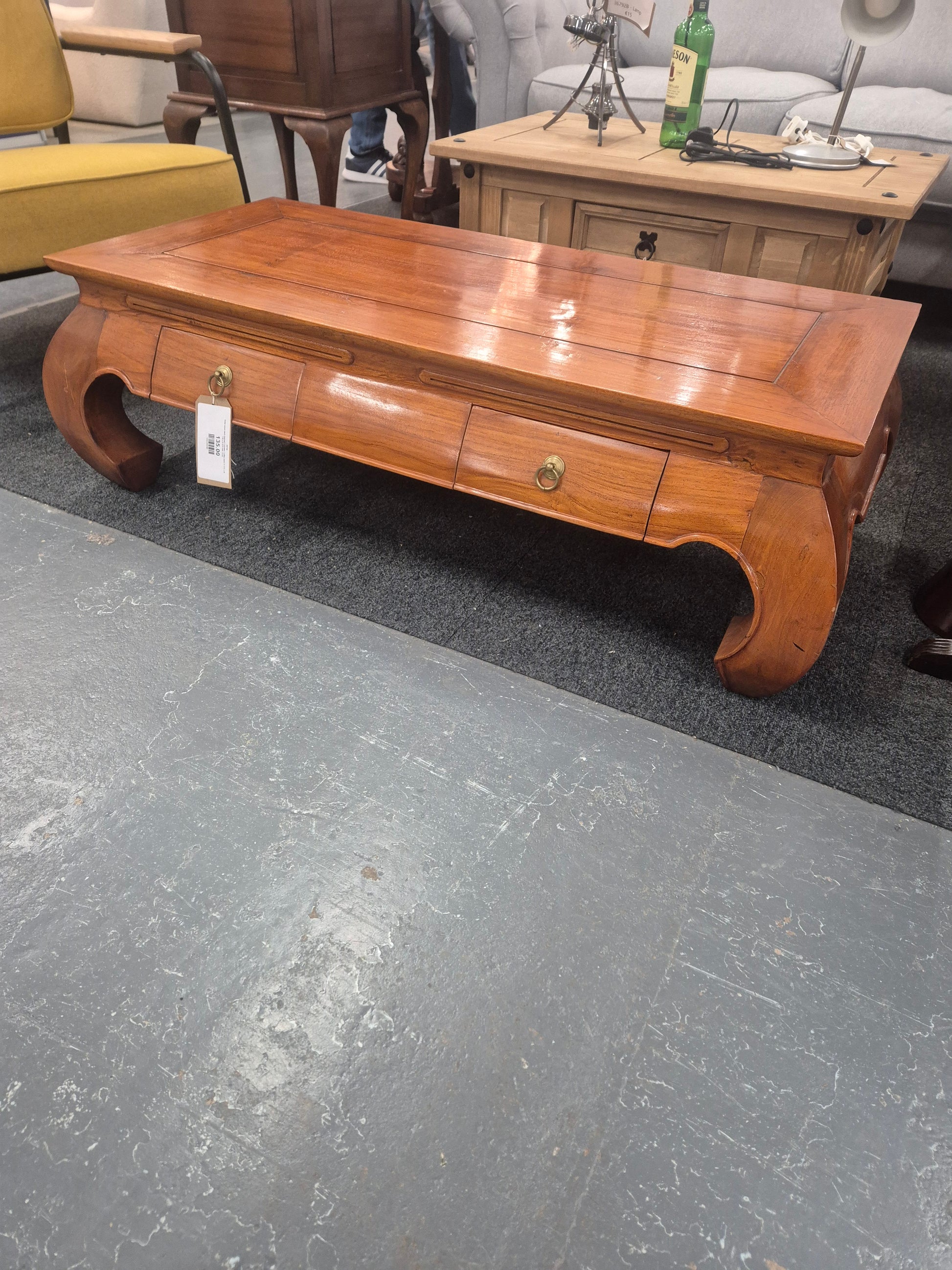 Solid wood dark stained 3 drawer coffee table H 370 x W 116 x D 570 mm  2125