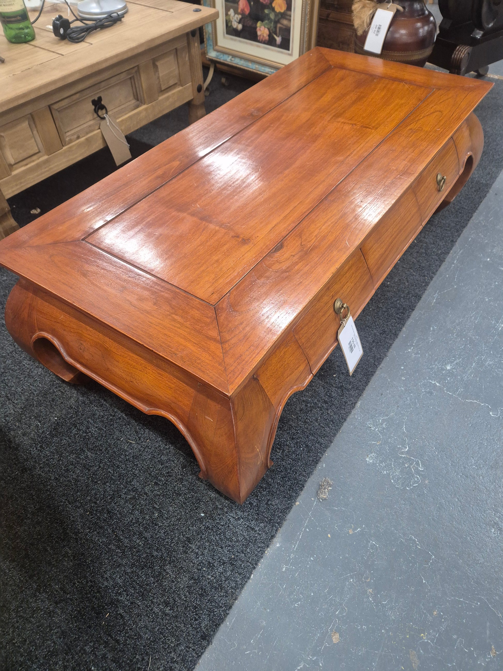 Solid wood dark stained 3 drawer coffee table H 370 x W 116 x D 570 mm  2125