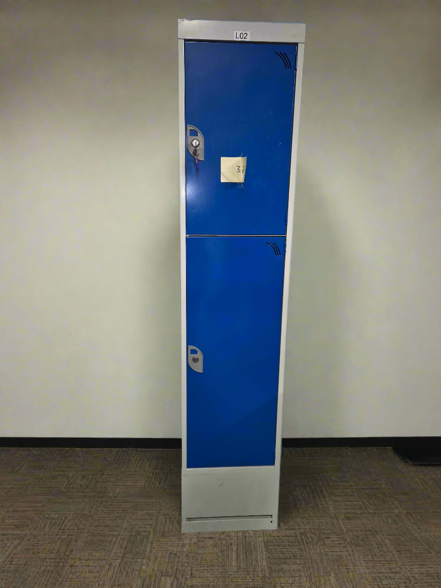 Tall 2 door personal locker, grey metal carcass with blue doors complete with keys