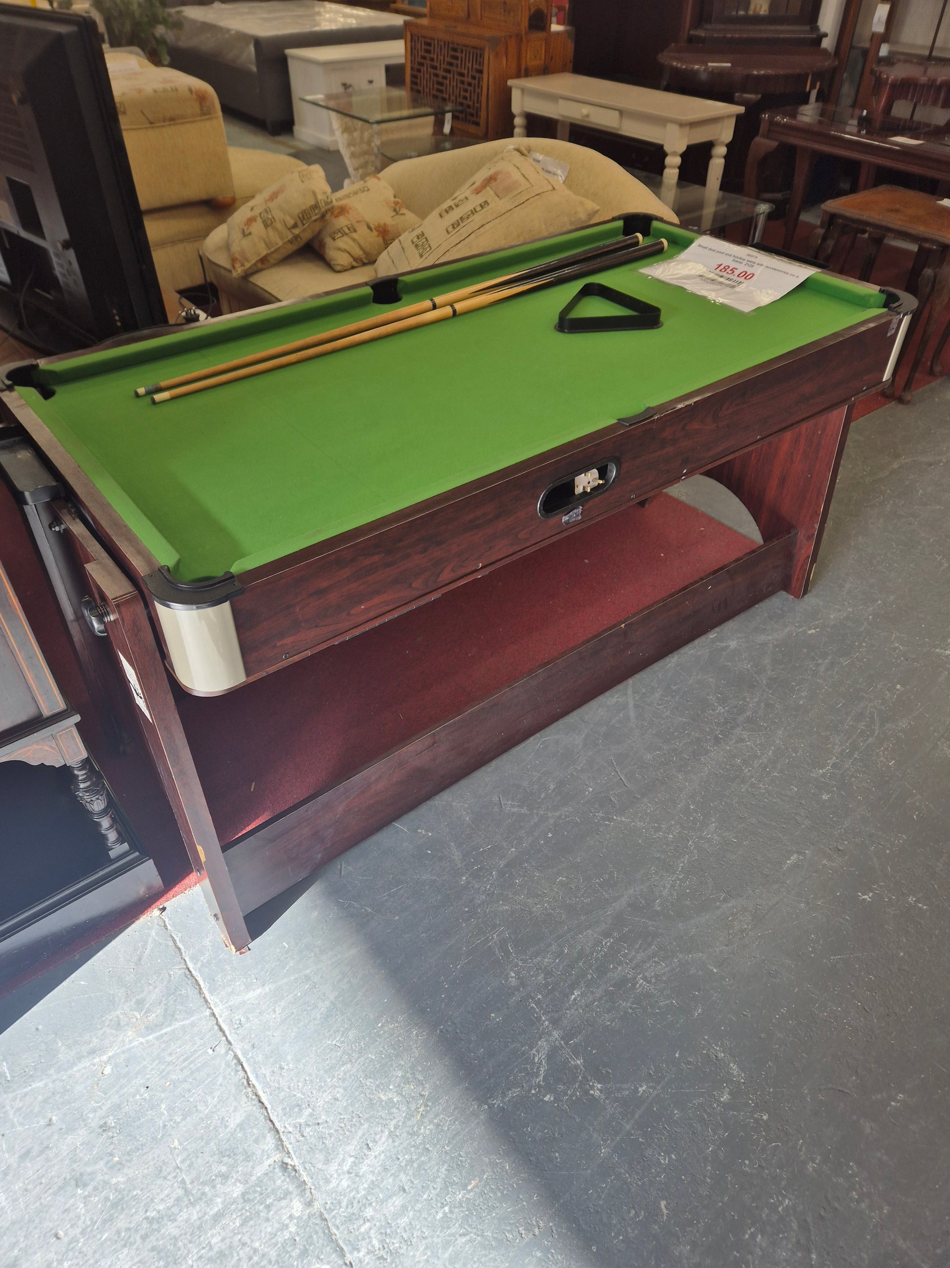 Small dual pool and hockey table with accessories on a frame  2125
