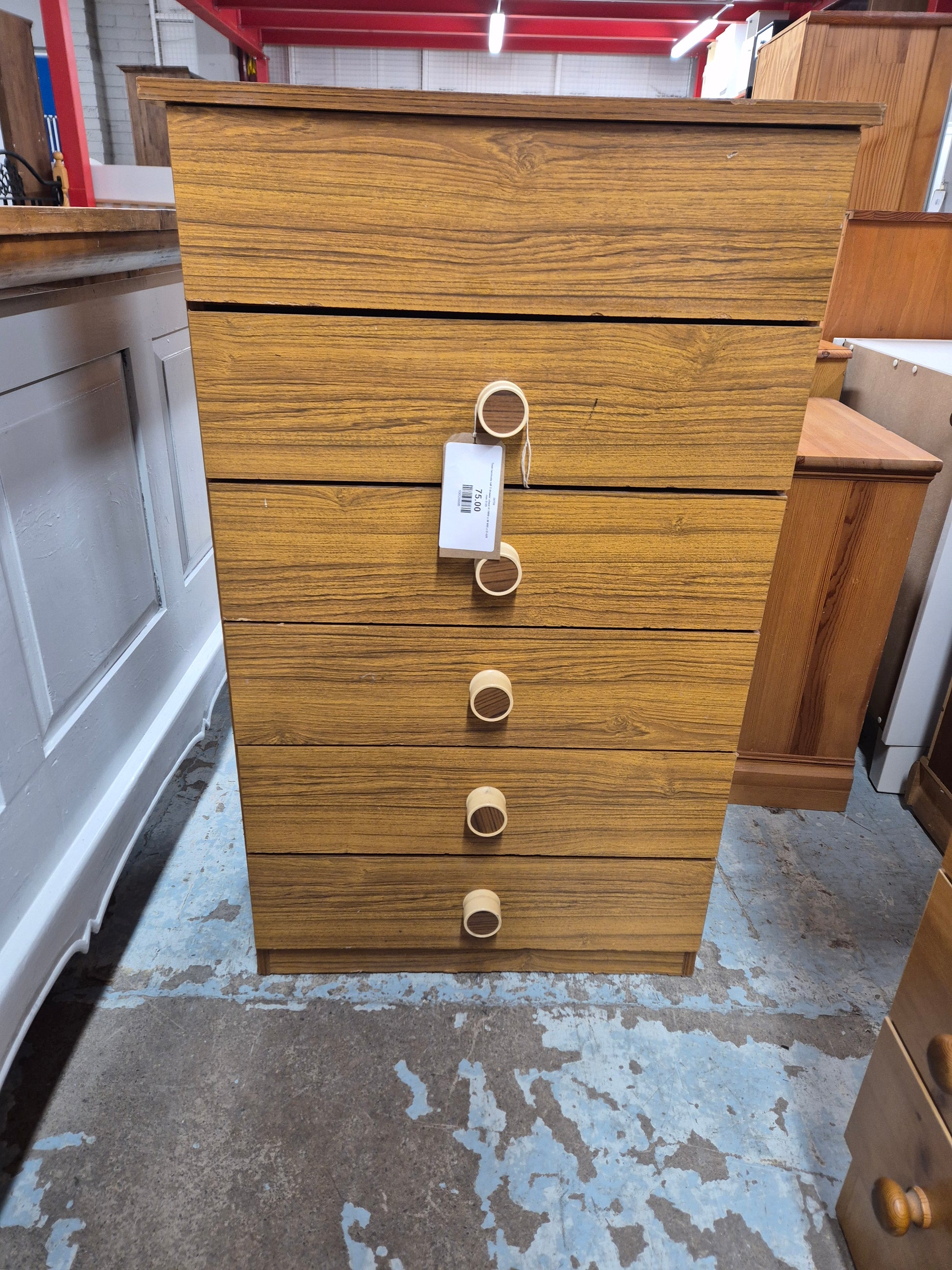 Teak laminate tall 5 drawer chest H 1000 x W 600 x D 420 mm 3125