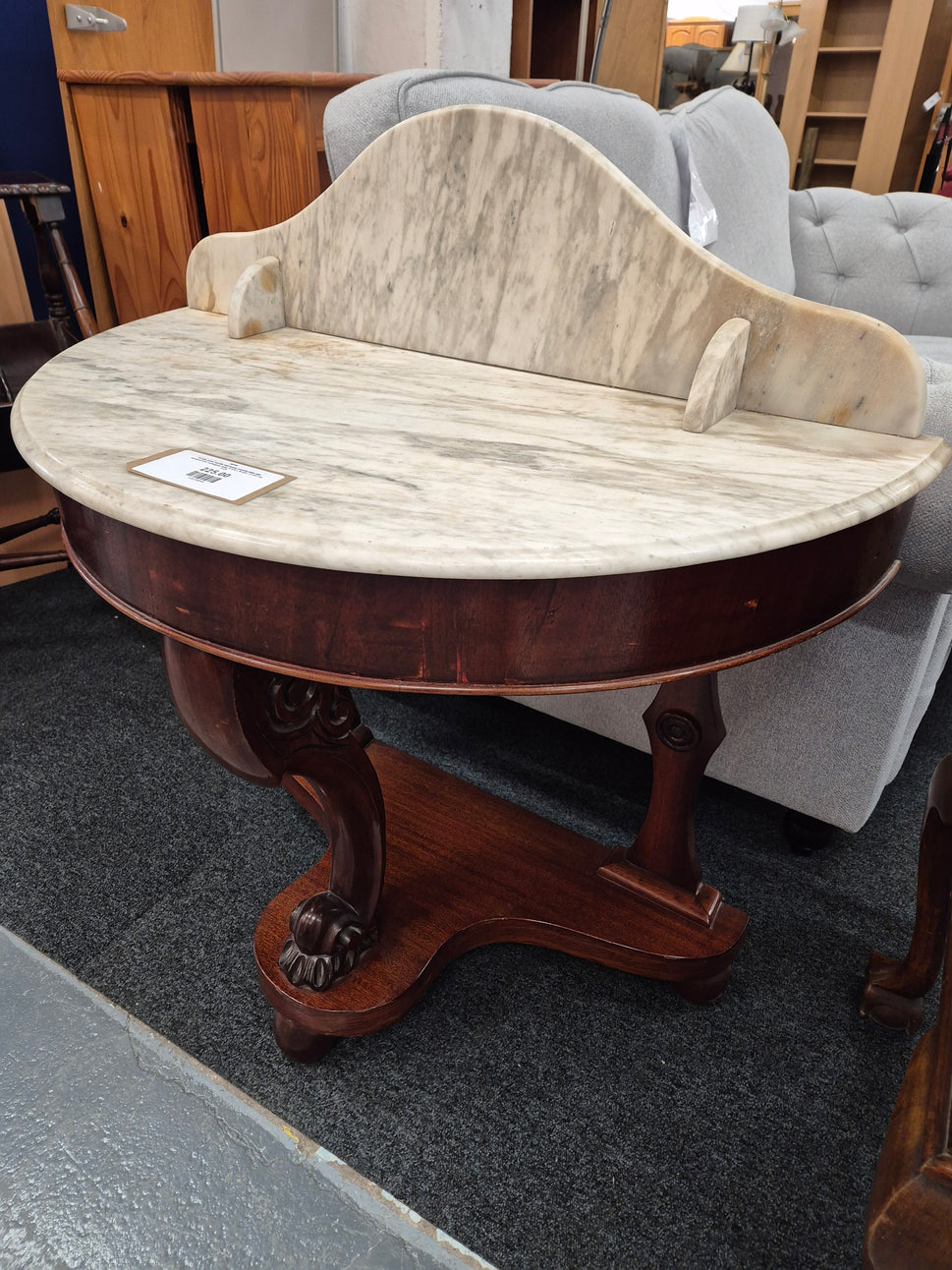 Ornate white marble half moon console table with upstand with mahogany base H 970 x W 620 x D 430 mm 2125
