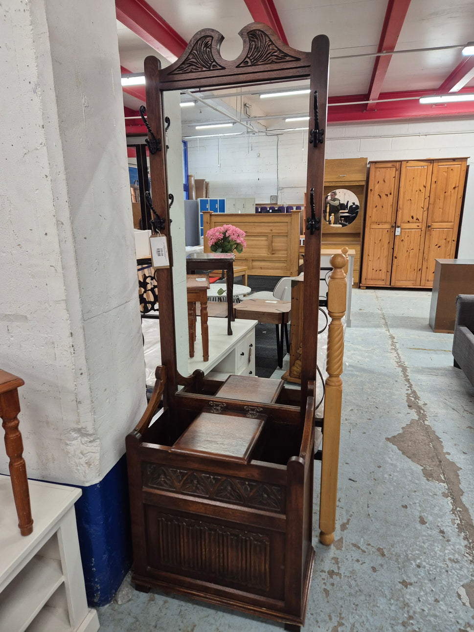 Ornate stained solid oak stained tall hall hat and coat stand with mirror and hooks
