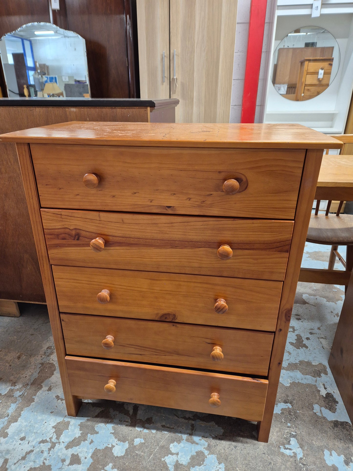 Natural pine tall 5 drawer chest  H 930 x W 720 x D 400 mm  3125