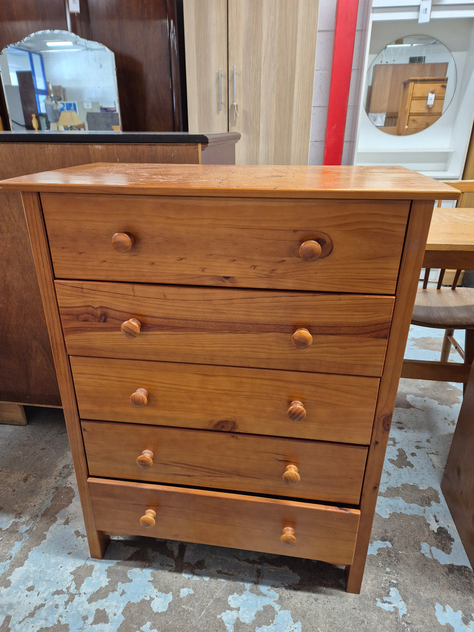 Natural pine tall 5 drawer chest  H 930 x W 720 x D 400 mm  3125