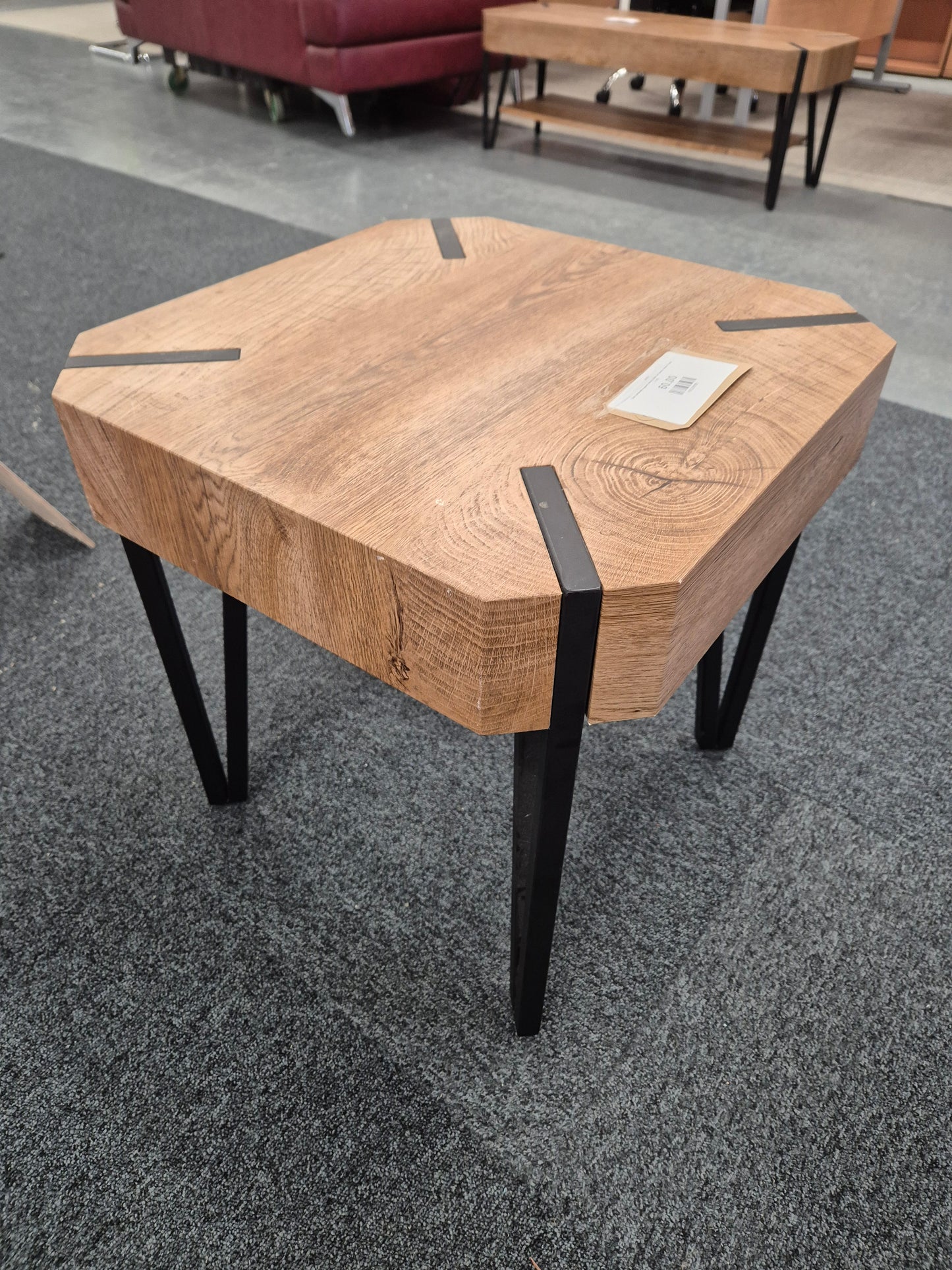 Oak laminate square lamp table on black metal frame  2125