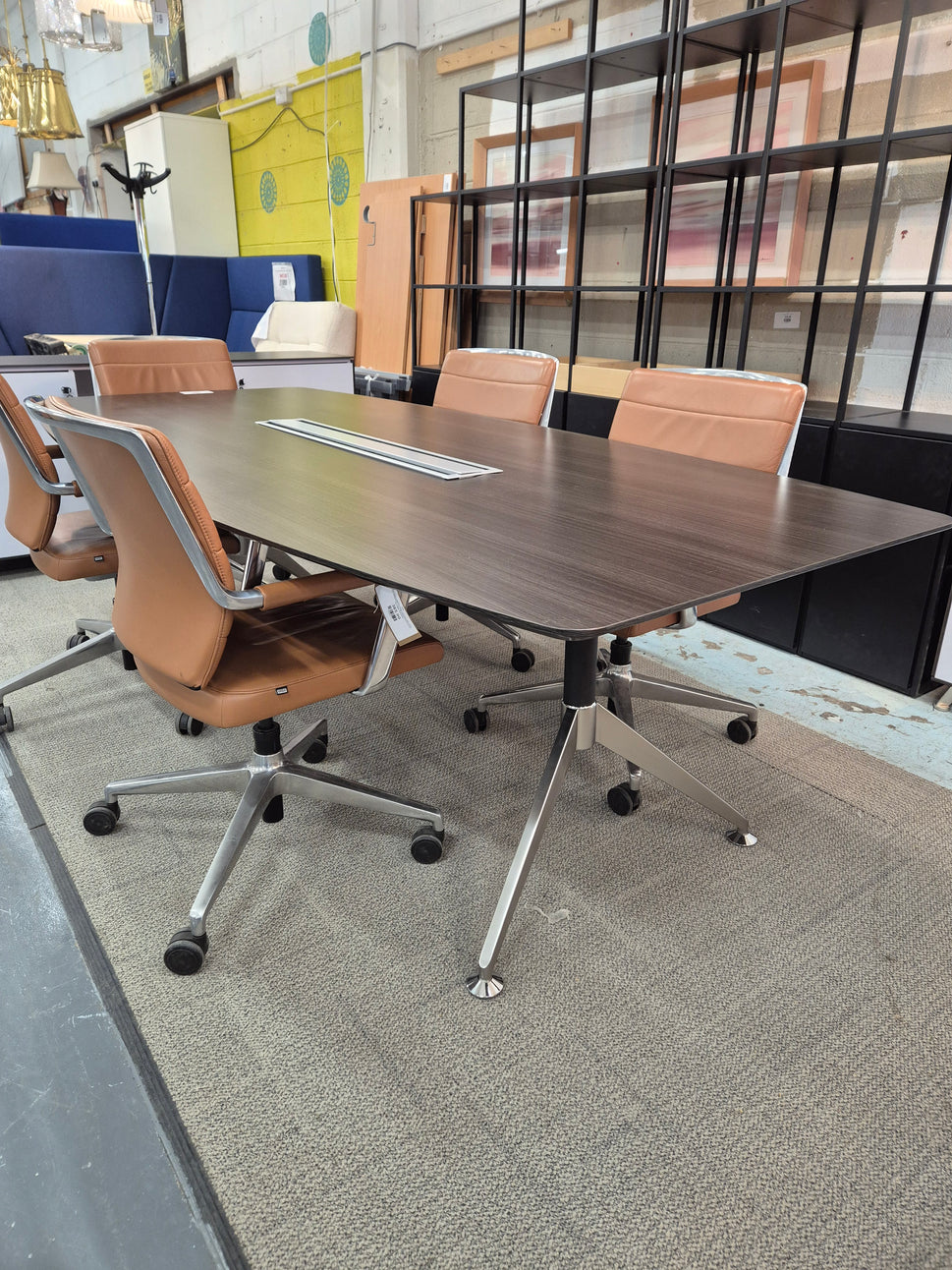Wenge laminate barrell boardroom table with polished metal central base 2400Lx1200W*740H