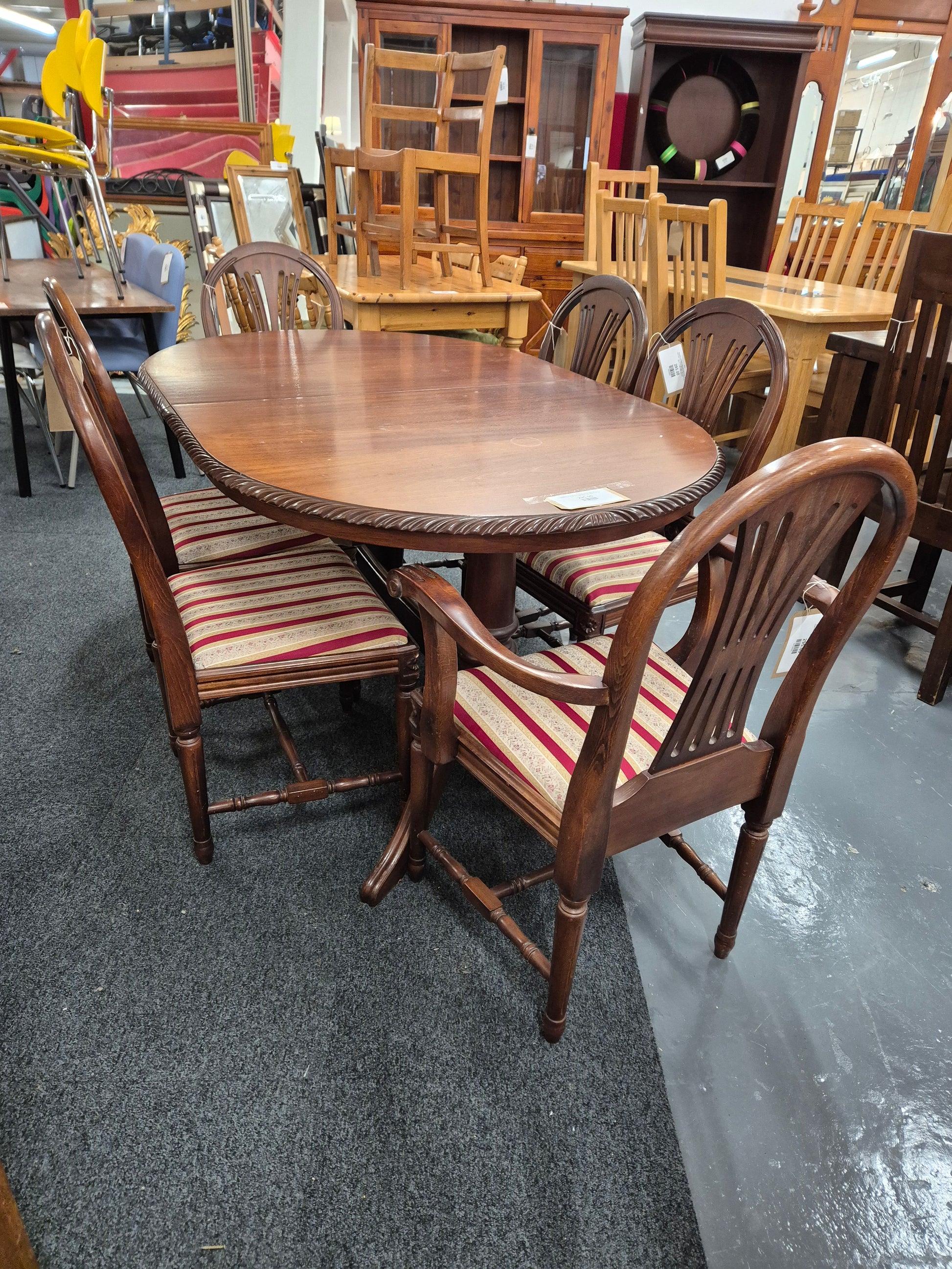 Rossmore mahogany extendable dining table with 4 no chairs and 2 no. carvers with fabric seat (table H 750 x W (970  x  L (1500 -2050)  mm 2125