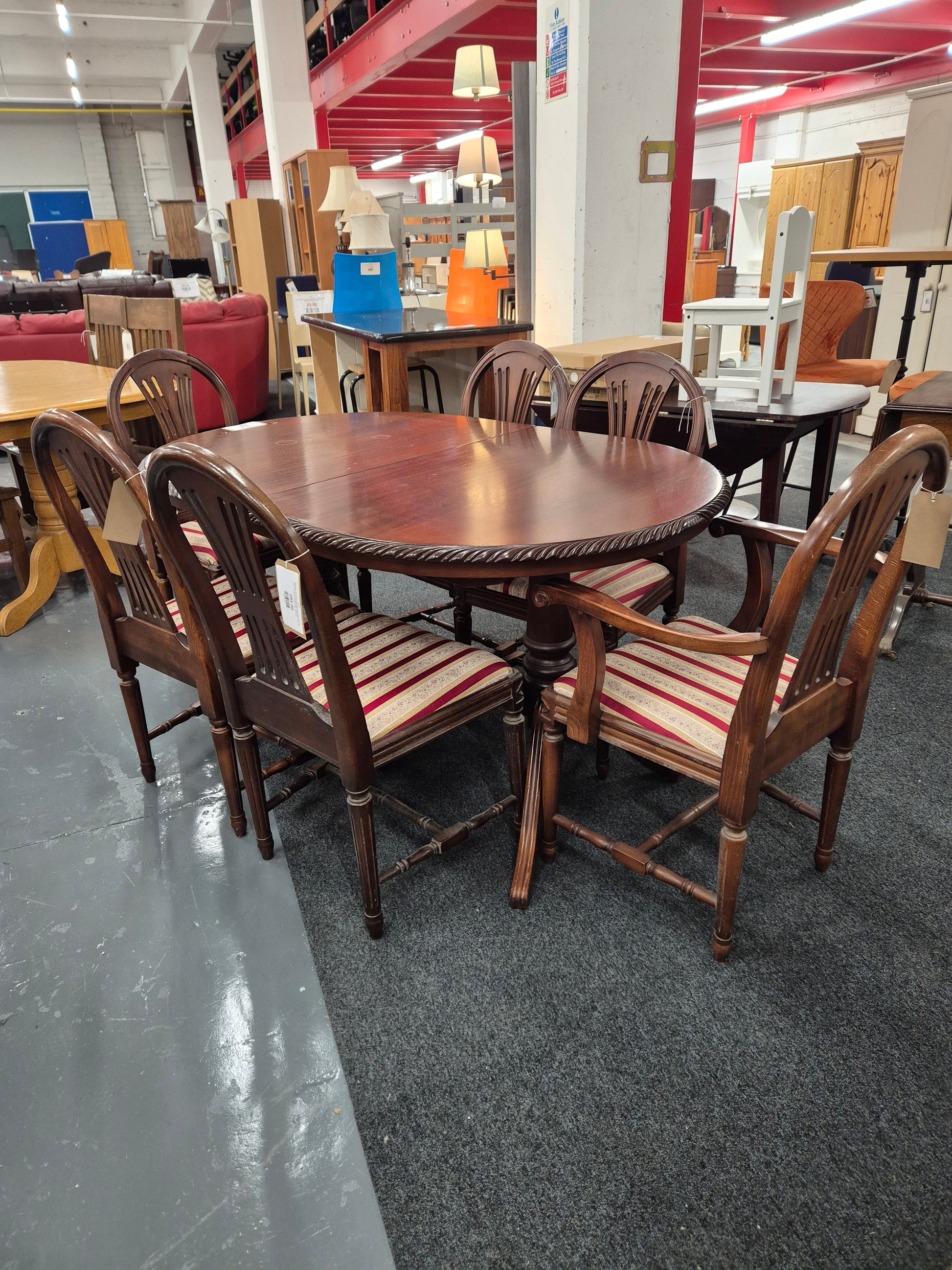 Rossmore mahogany extendable dining table with 4 no chairs and 2 no. carvers with fabric seat (table H 750 x W (970  x  L (1500 -2050)  mm 2125