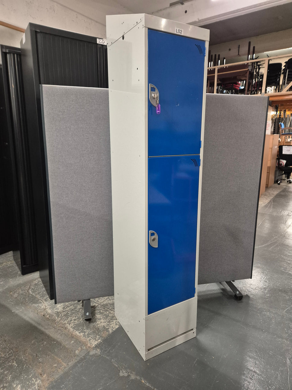 Tall 2 door personal locker, grey metal carcass with blue doors complete with keys