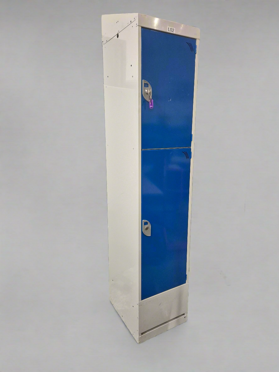 Tall 2 door personal locker, grey metal carcass with blue doors complete with keys