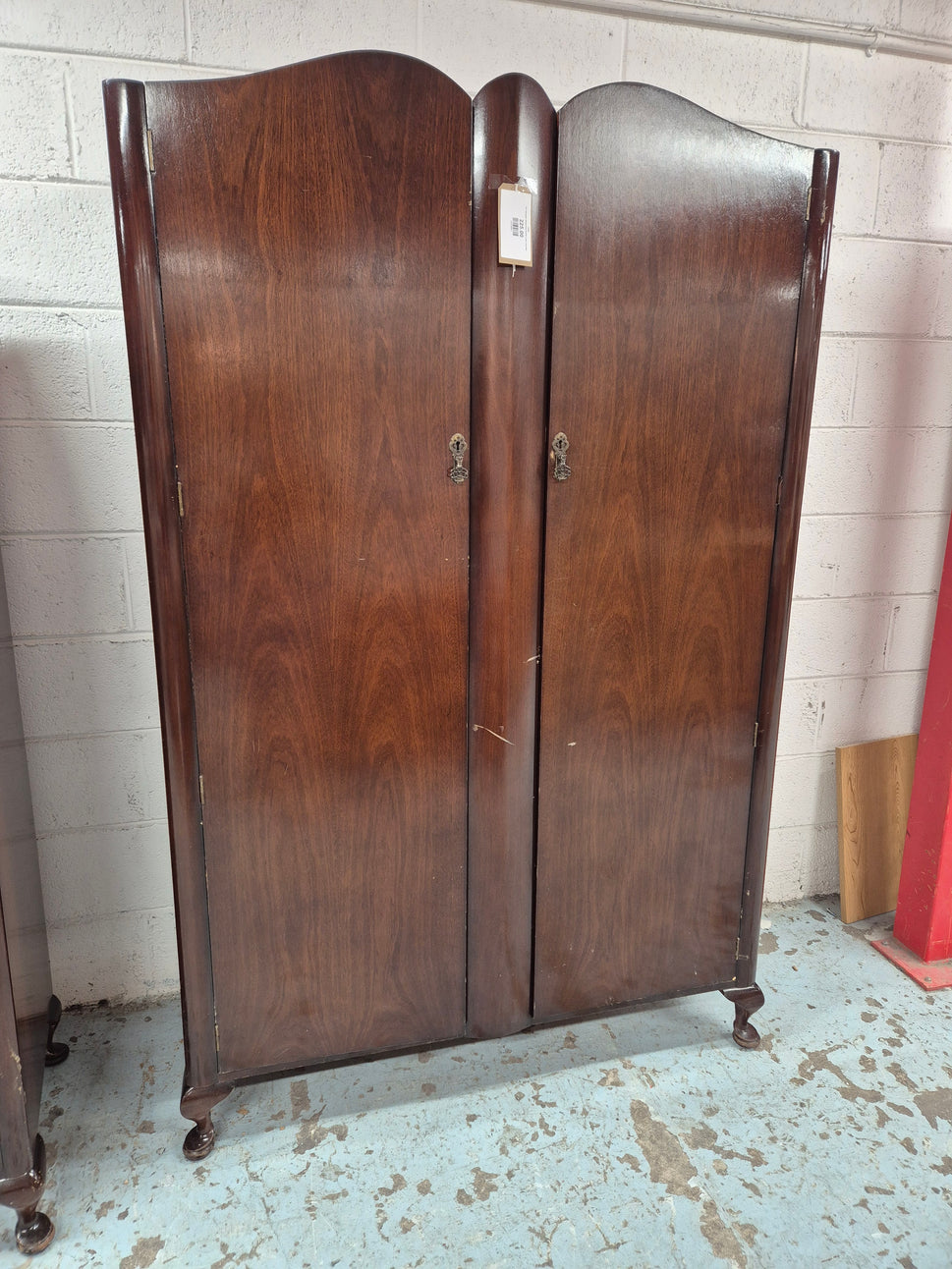 Tall mahogany stained bow fronted 2 door wardrobe 
